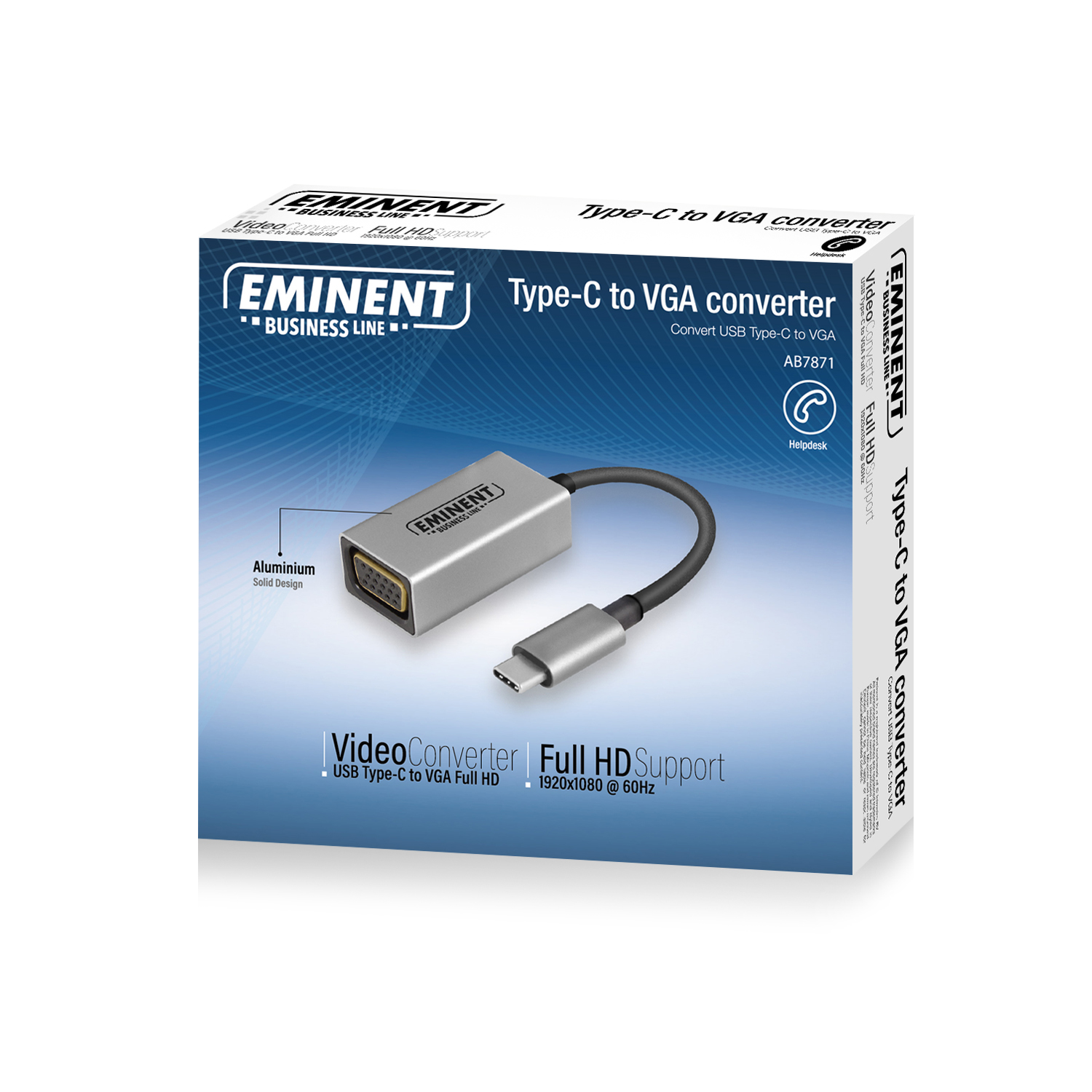 Caja con un convertidor USB Tipo-C a VGA. Texto e imagen en la caja.