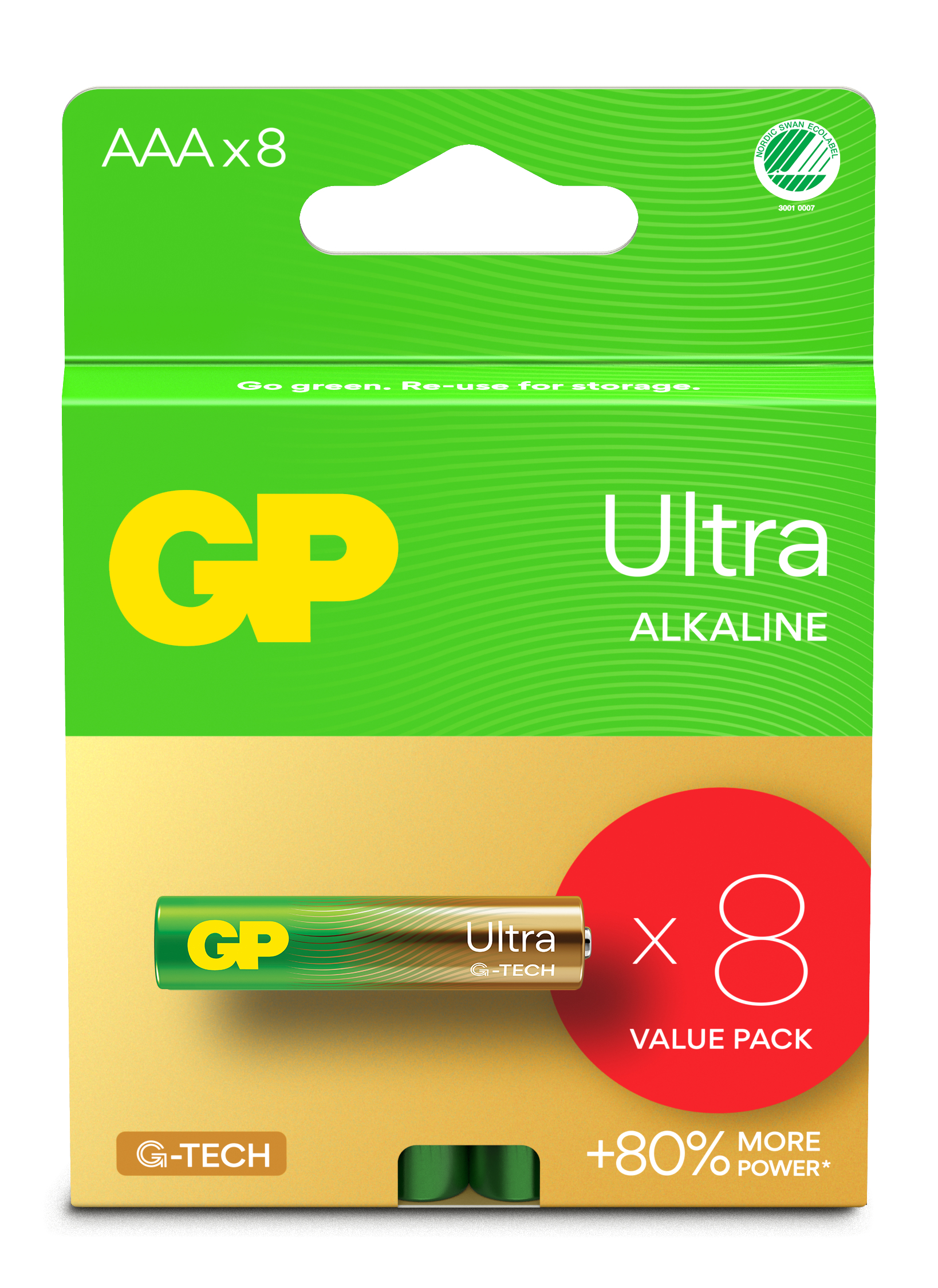 Confezione di batterie alcaline GP Ultra verdi e gialle. Contiene 8 batterie AAA.