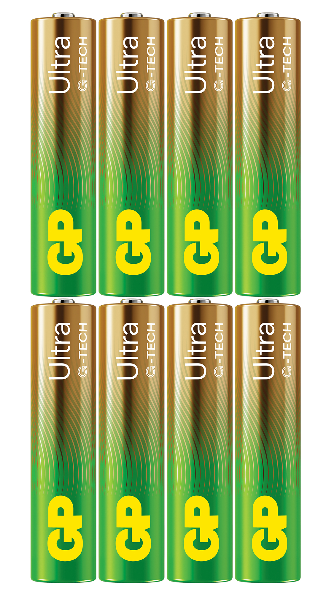 Otto batterie GP Ultra Alkaline in una confezione verde e gialla. Cerchio rosso con testo.