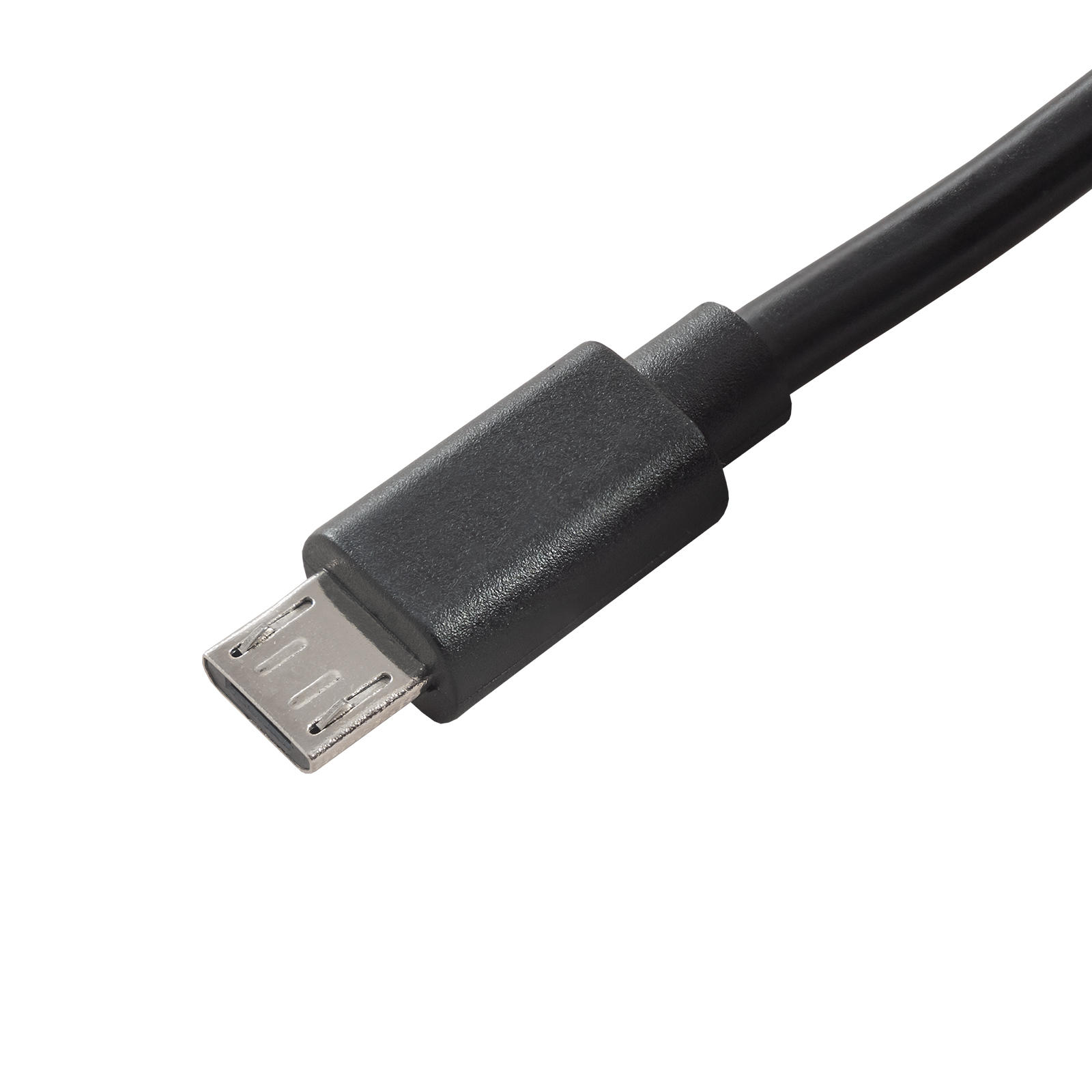Czarny kabel micro USB. Złącze po lewej, kabel po prawej, białe tło.