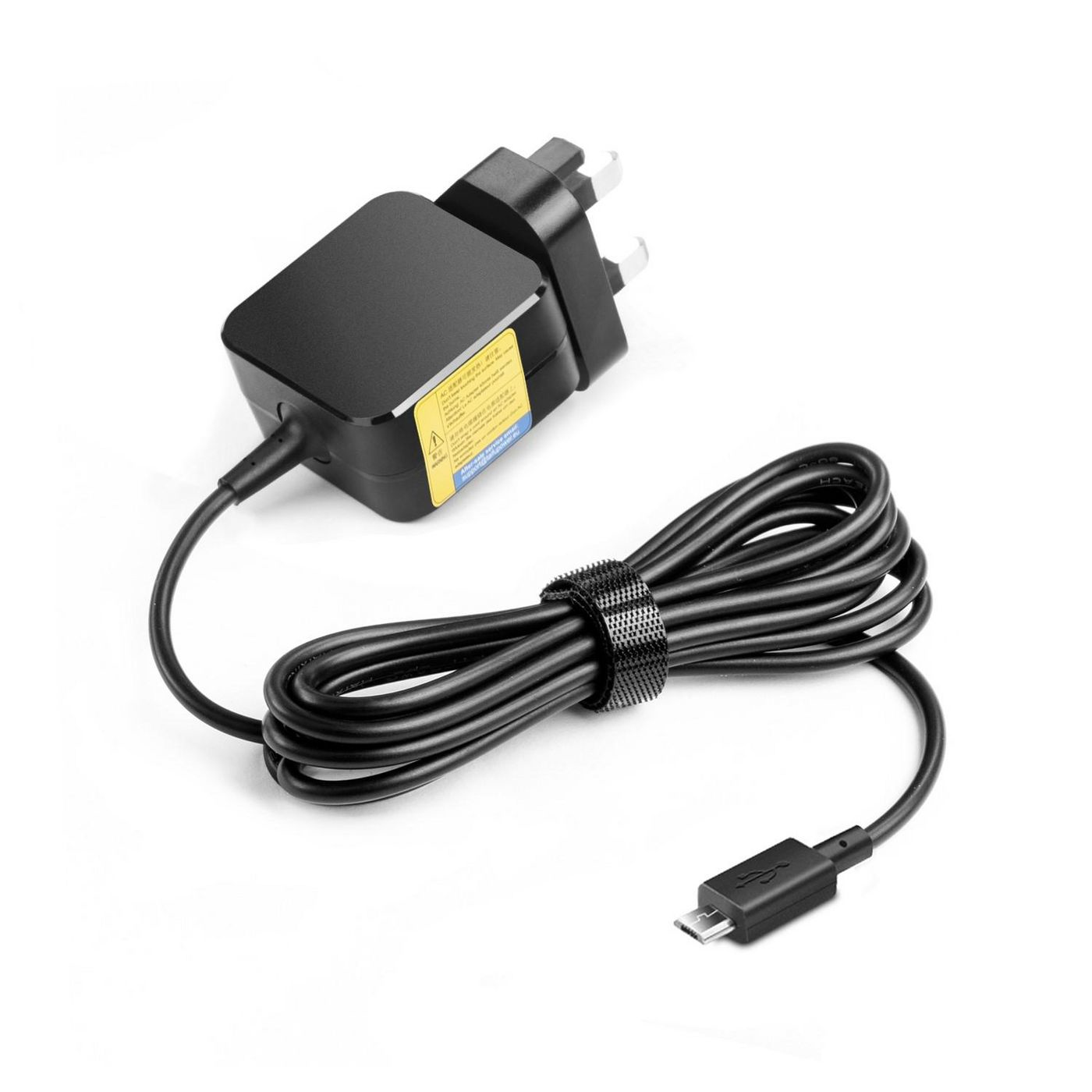 Adattatore di alimentazione per laptop USB-C nero con cavo nero. Ha un connettore USB-C.