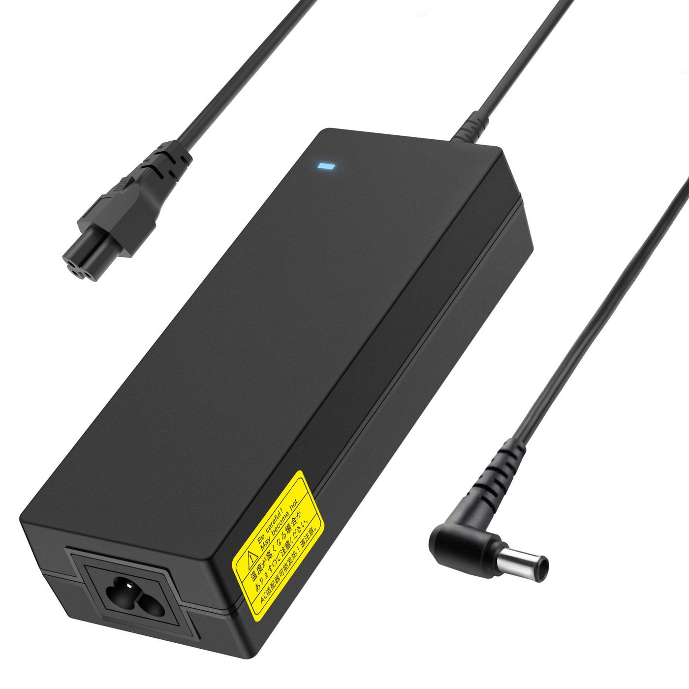 Czarny zasilacz do laptopa z trzema złączami. Jedno to wtyczka, dwa są do różnych laptopów.