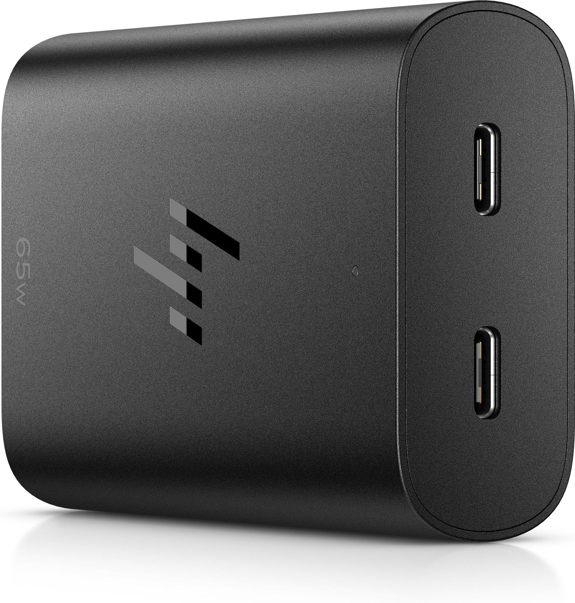 Caricabatterie HP nero con due porte USB-C, sfondo bianco.