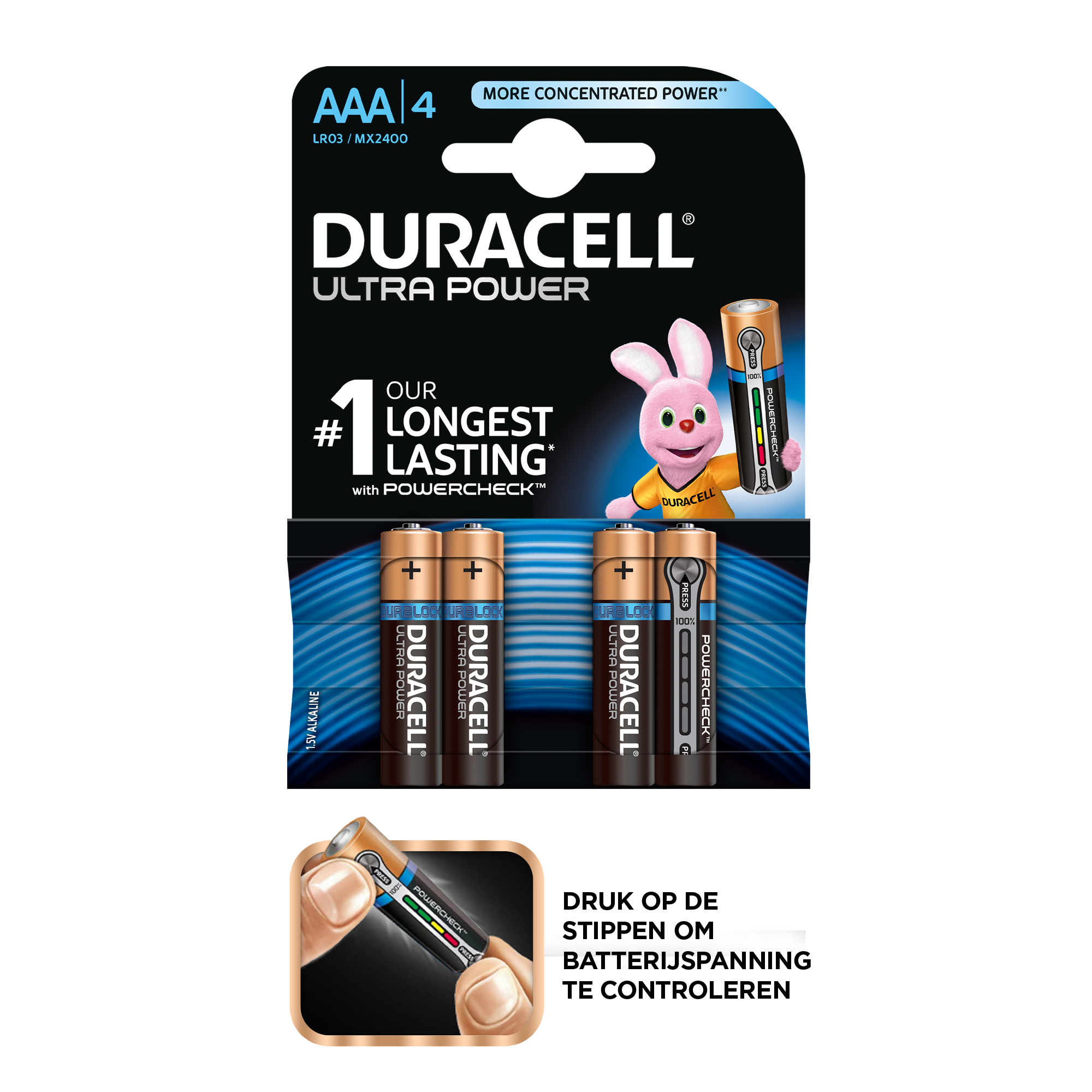 Confezione di batterie Duracell Ultra Power. Contiene quattro batterie AAA con un coniglietto rosa. Viene mostrata una funzione di controllo dell'alimentazione.