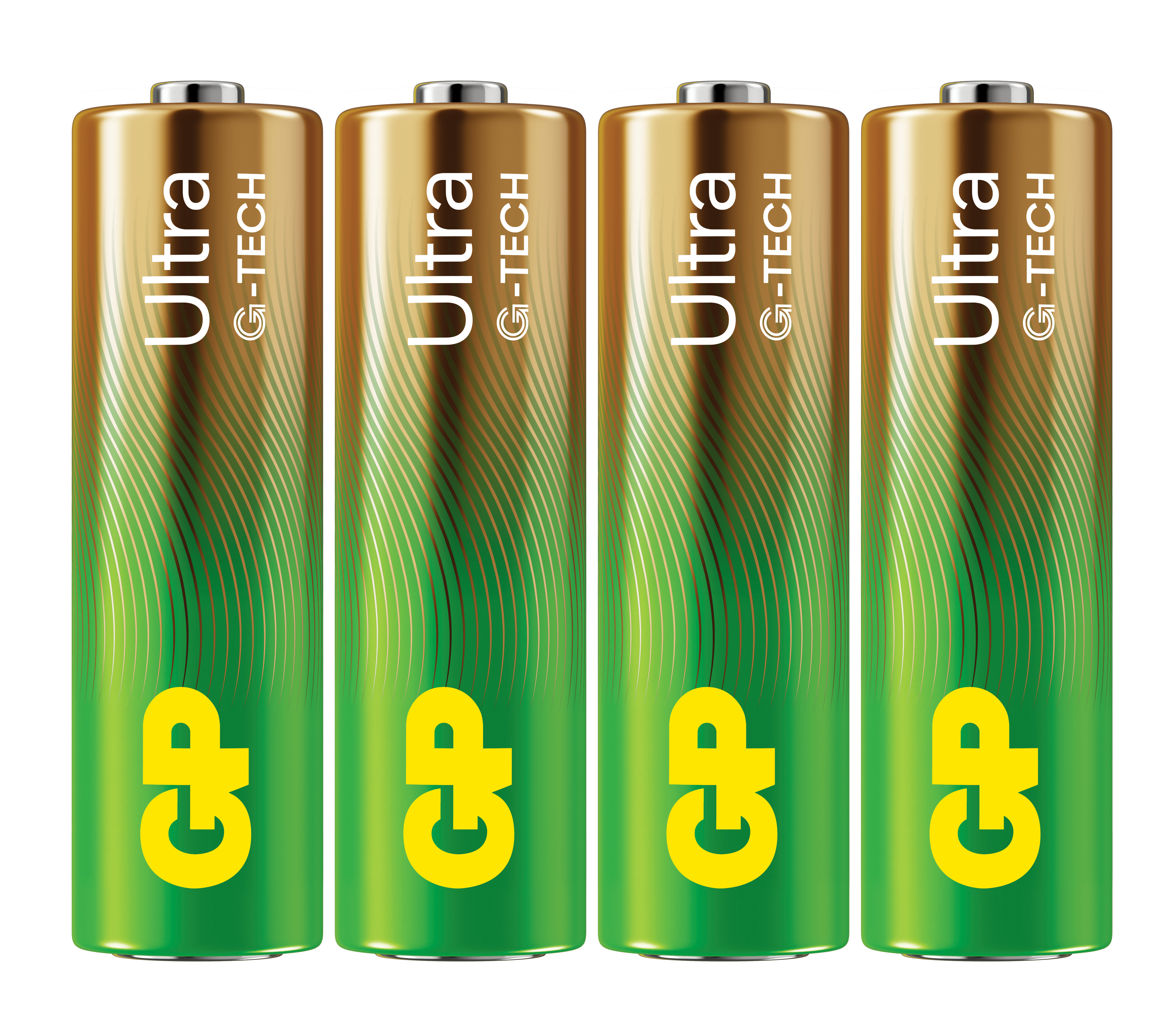 Quattro batterie AA GP Ultra oro e verde. Hanno testo bianco, loghi e un motivo a onde verdi.