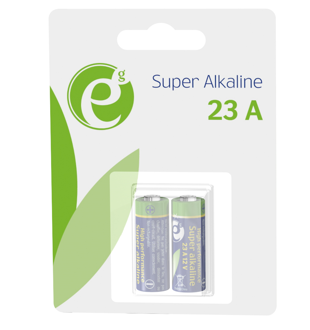 Dwie baterie Super Alkaline 23A w blistrze. Opakowanie ma zielono-białe logo.