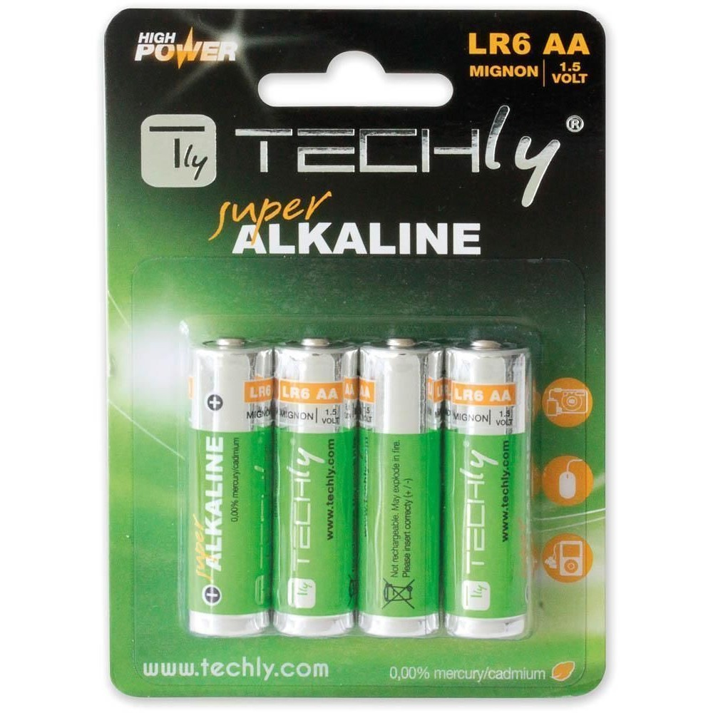 Batterie Techly Super Alkaline in una confezione verde e bianca. Quattro batterie AA.