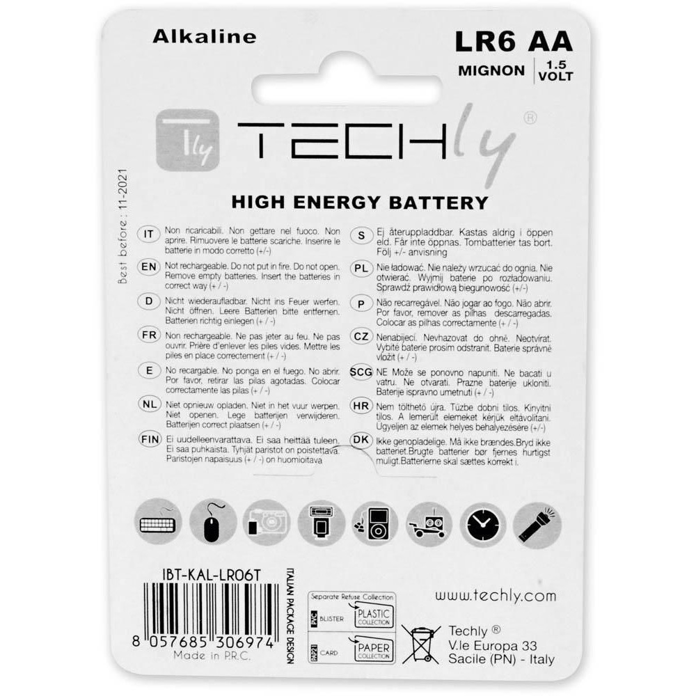 Scheda batteria Techly High Energy. Testo in più lingue, con icona batteria e simboli di riciclaggio.