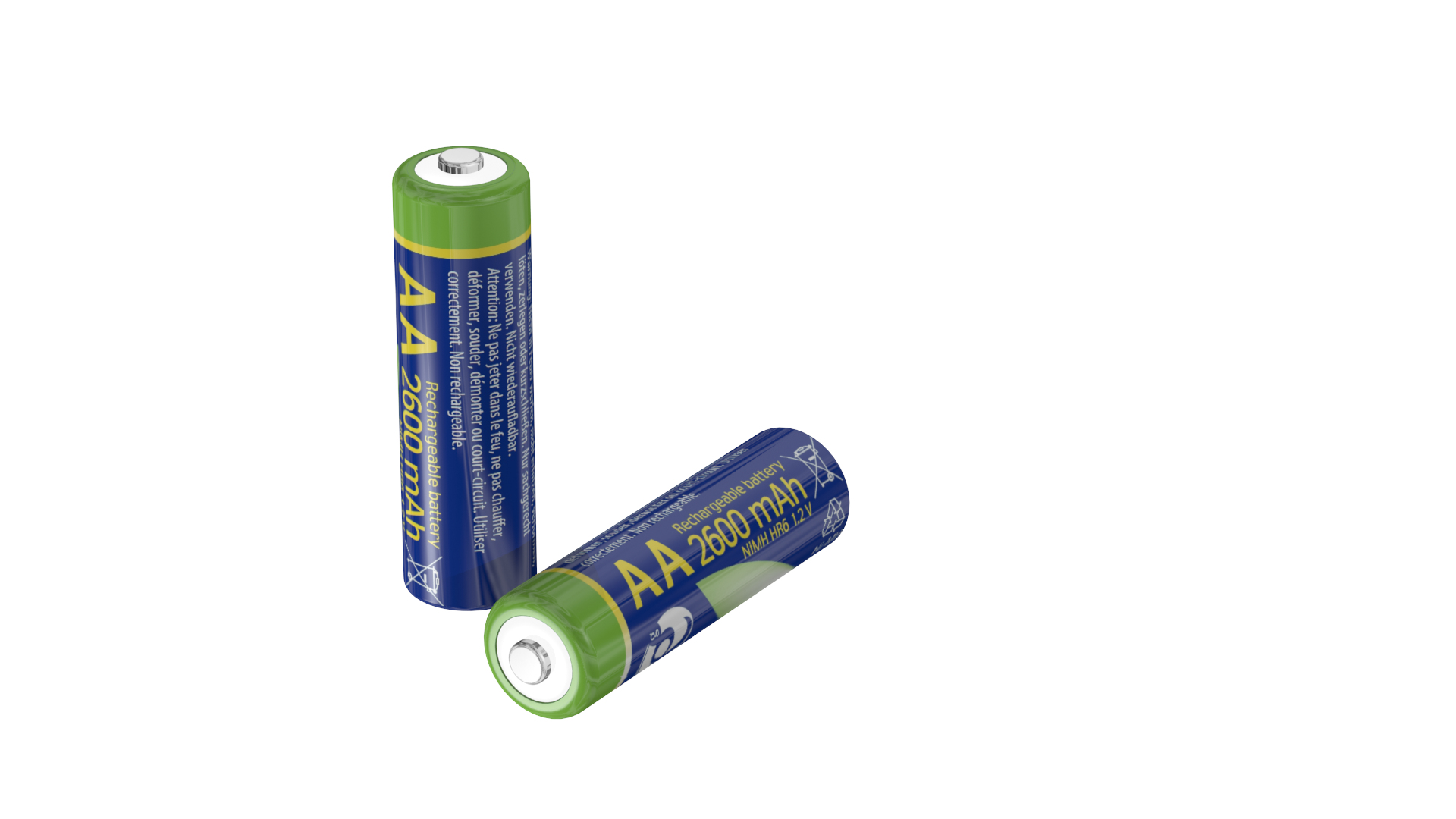 Due batterie ricaricabili AA su sfondo bianco.