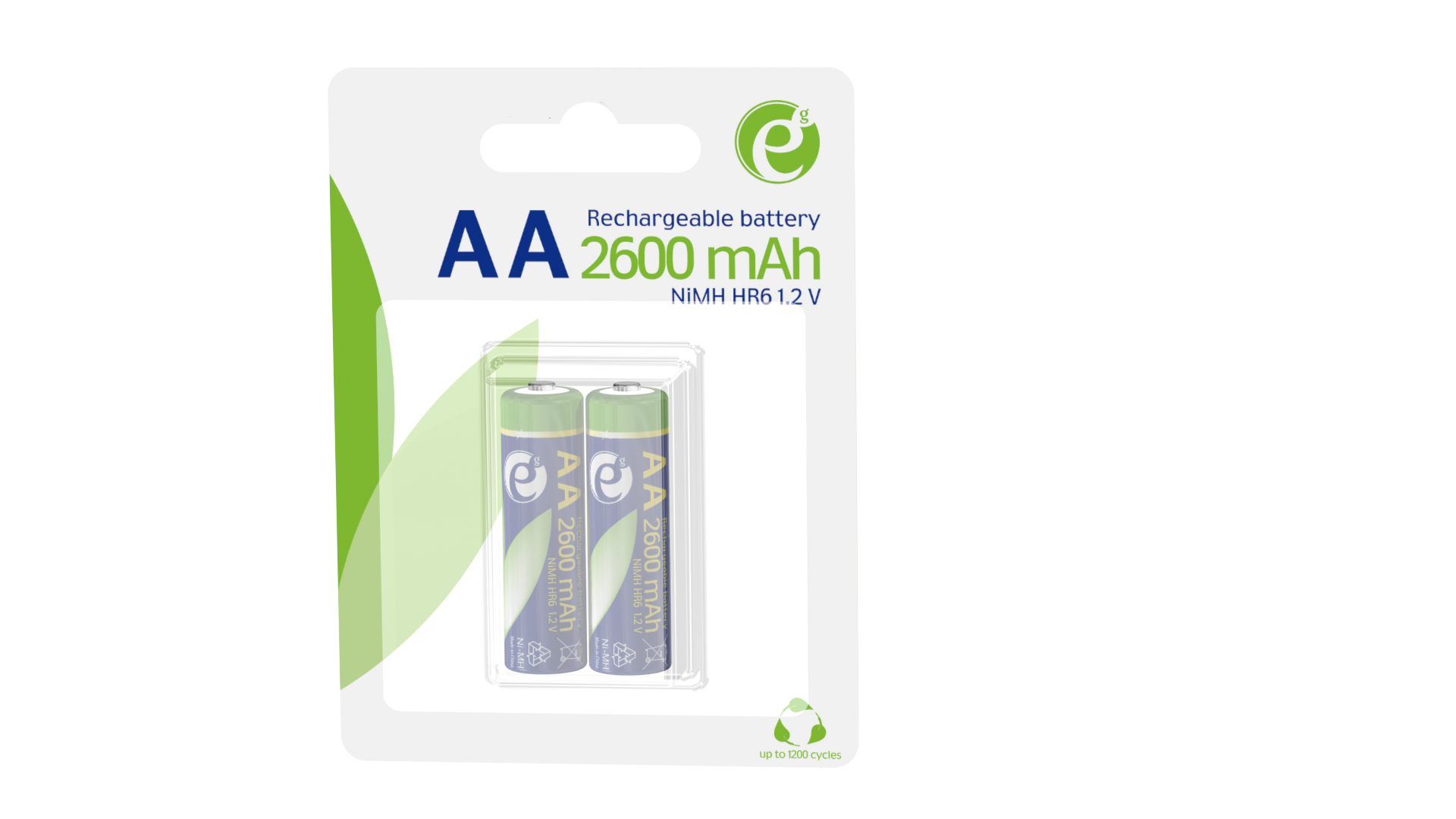 Una confezione di batterie ricaricabili AA. Due batterie sono visibili.