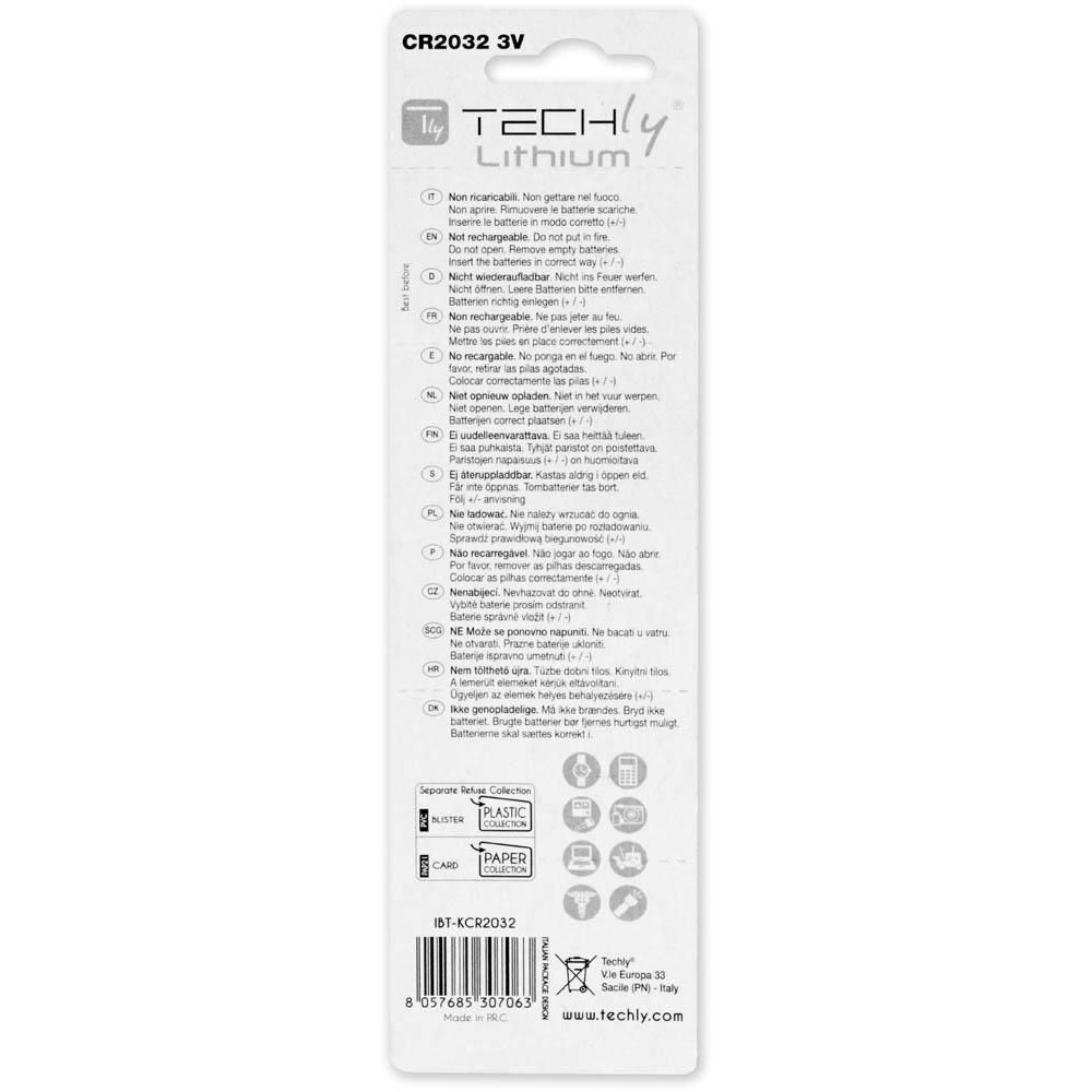Una scheda batteria Techly Lithium CR2032 3V con avvertenze di sicurezza multilingue.
