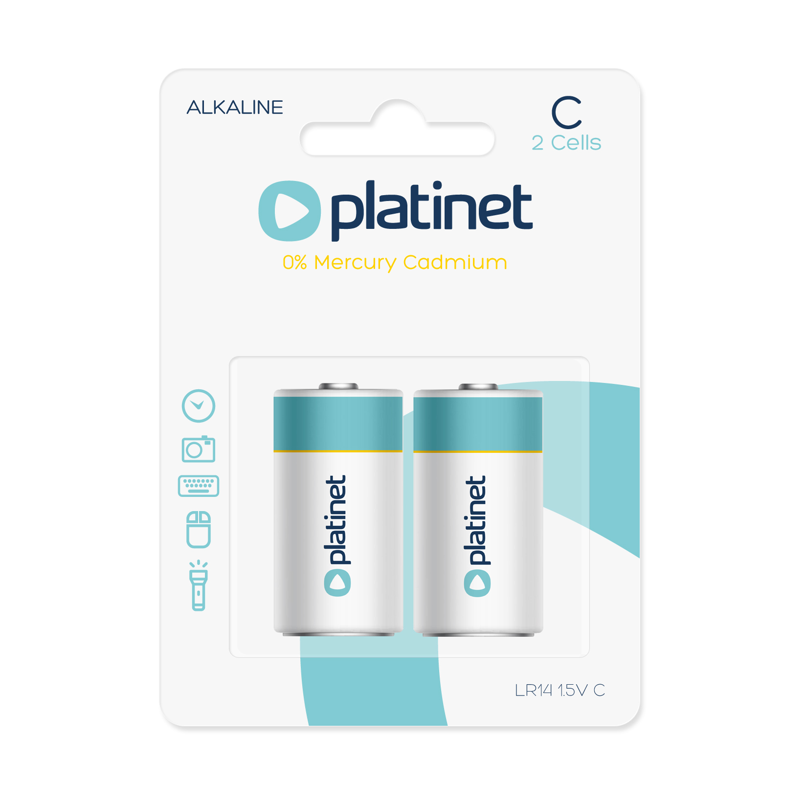 Una confezione di batterie alcaline Platinet con due batterie di tipo C, sfondo bianco.