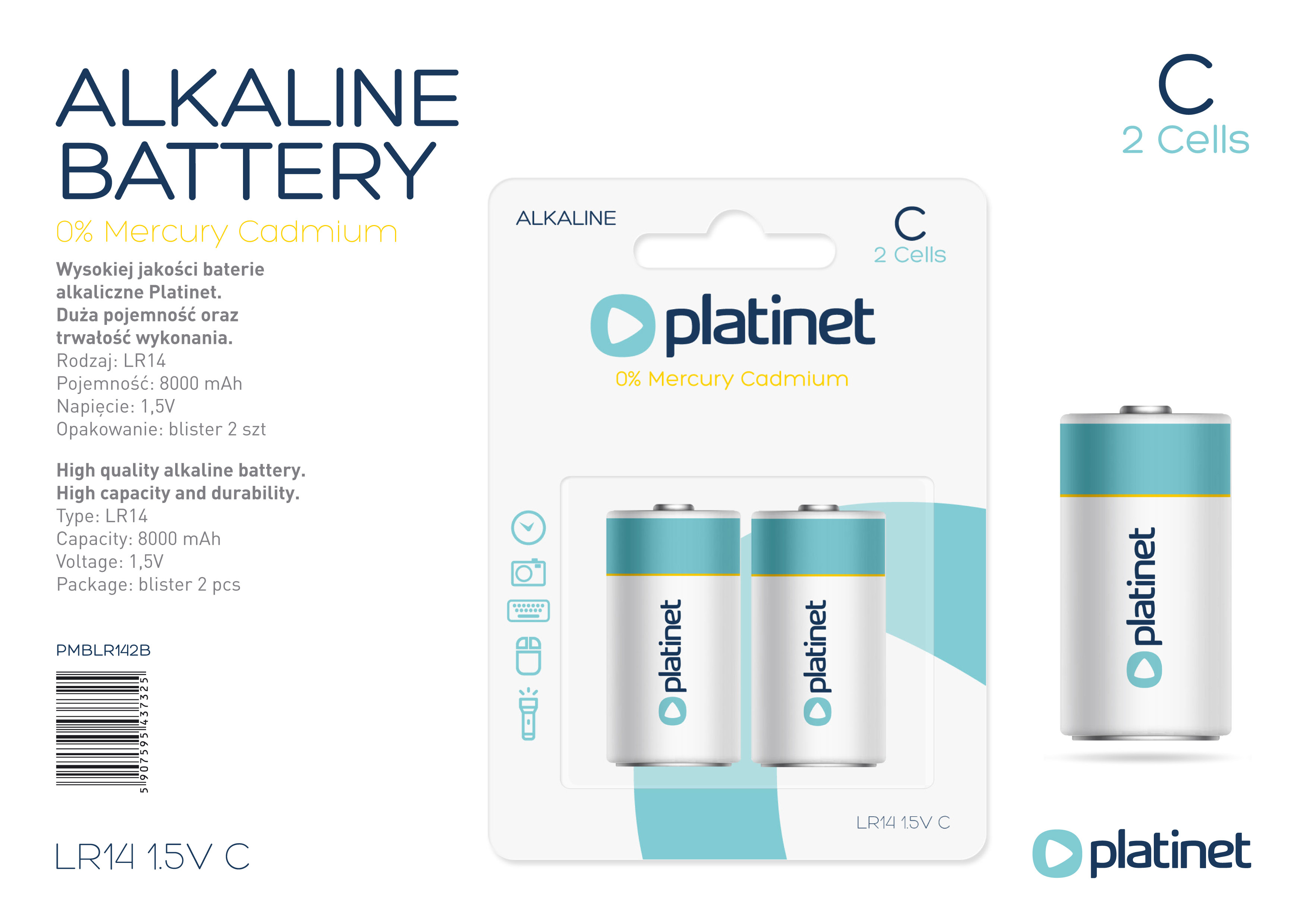 Una confezione di batterie alcaline Platinet, con due batterie di tipo C e info prodotto.