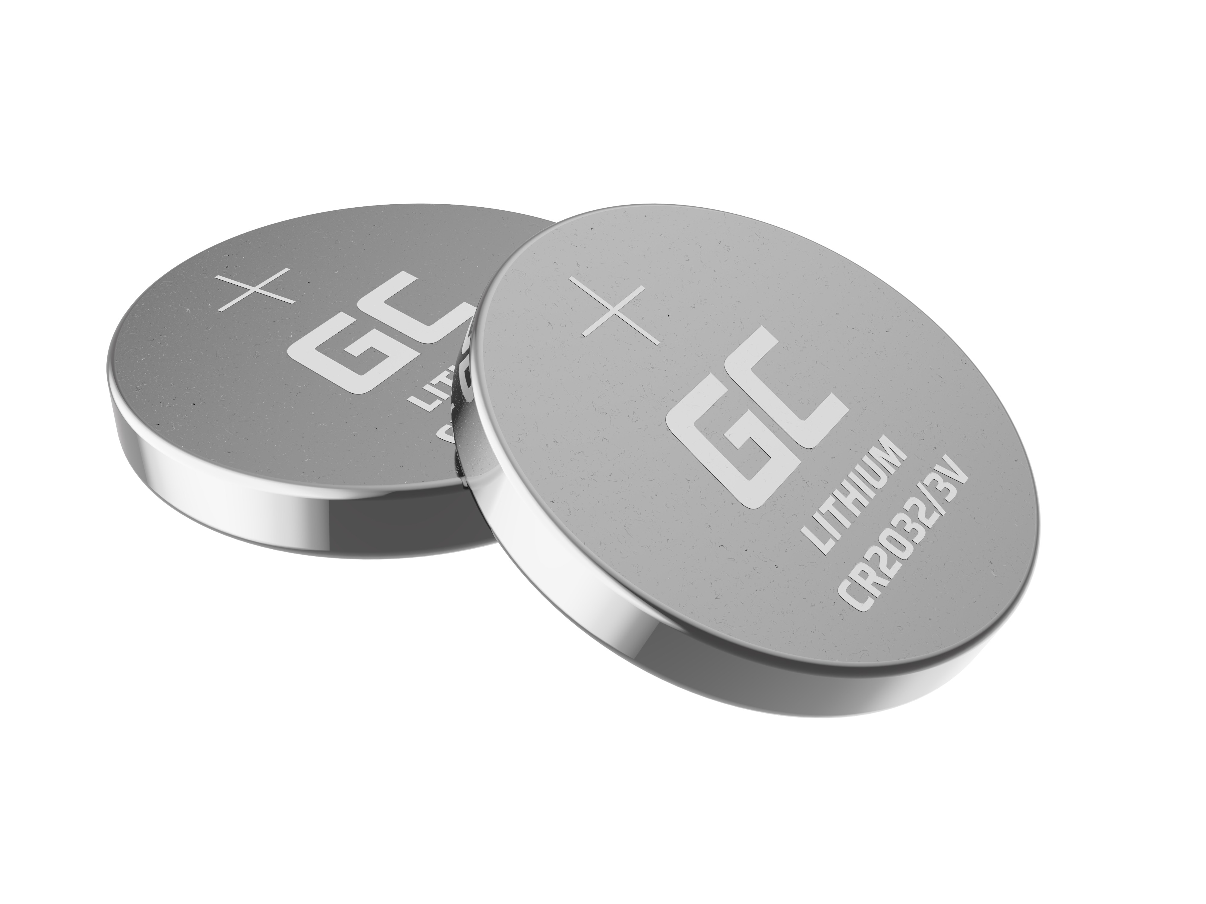 Dwie srebrne baterie GC Lithium CR2032/3V, ze znakiem plus i tekstem GC na powierzchni.