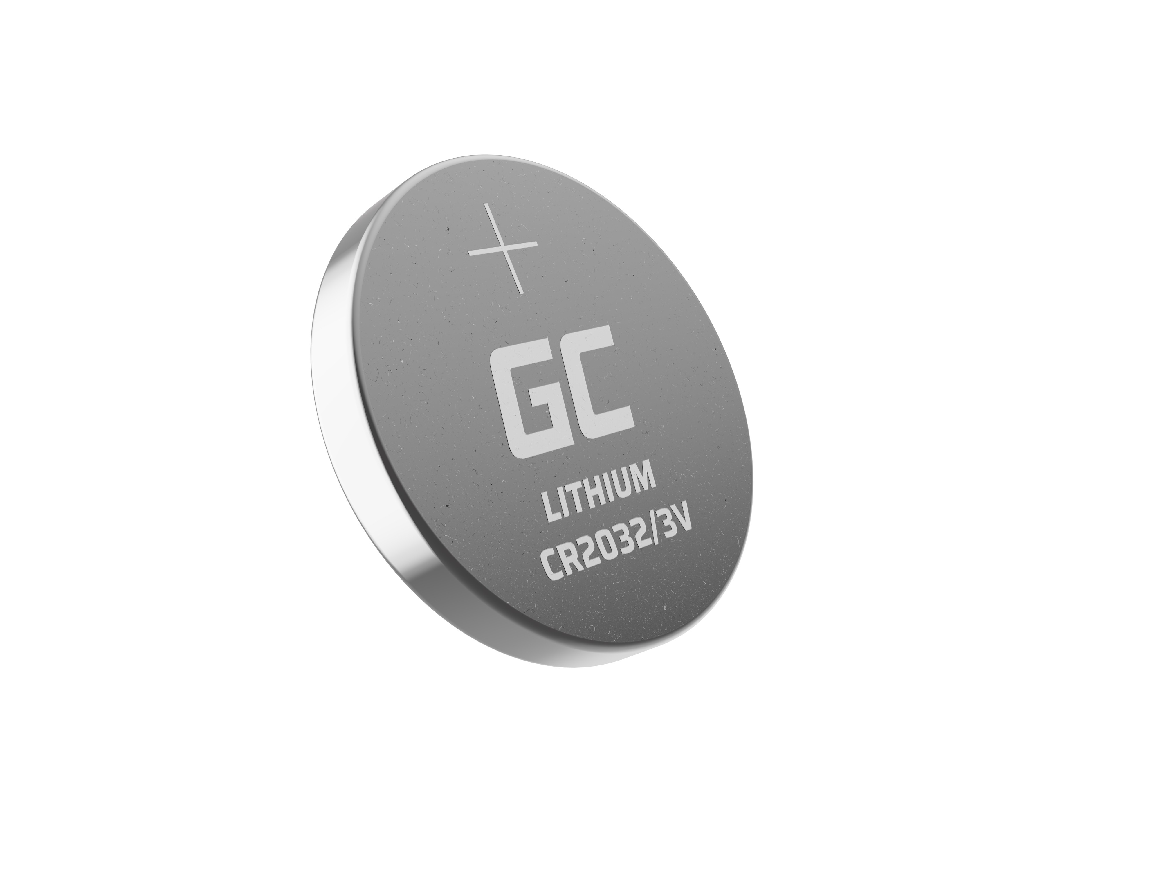 Pojedyncza bateria GC Lithium CR2032/3V, srebrna ze znakiem plus i tekstem GC.