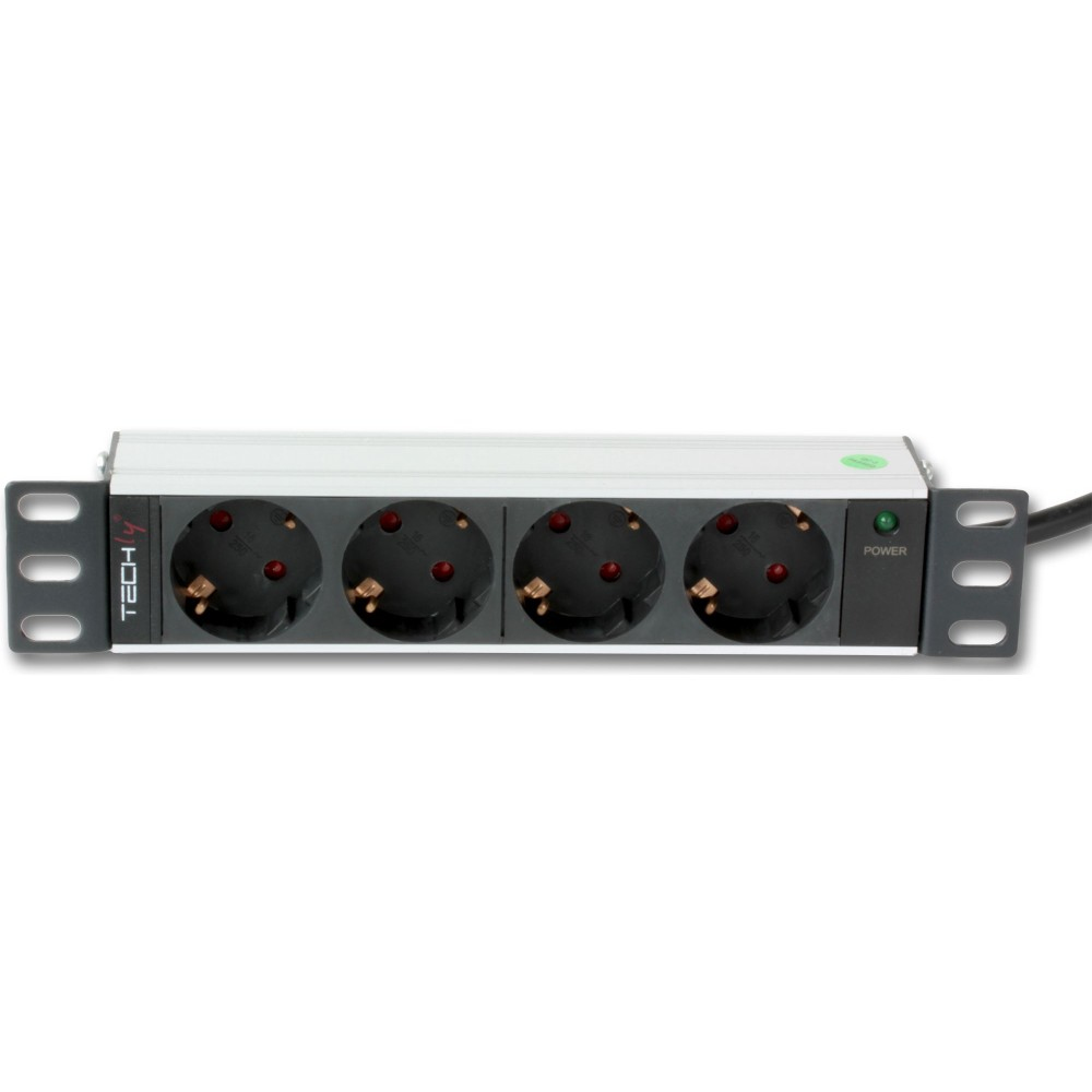 Multipresa nera con quattro prese elettriche. Cornice in metallo, spia verde.