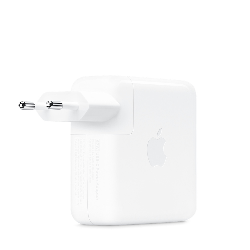 Adaptateur secteur USB-C blanc Apple avec logo Apple. Prise européenne.
