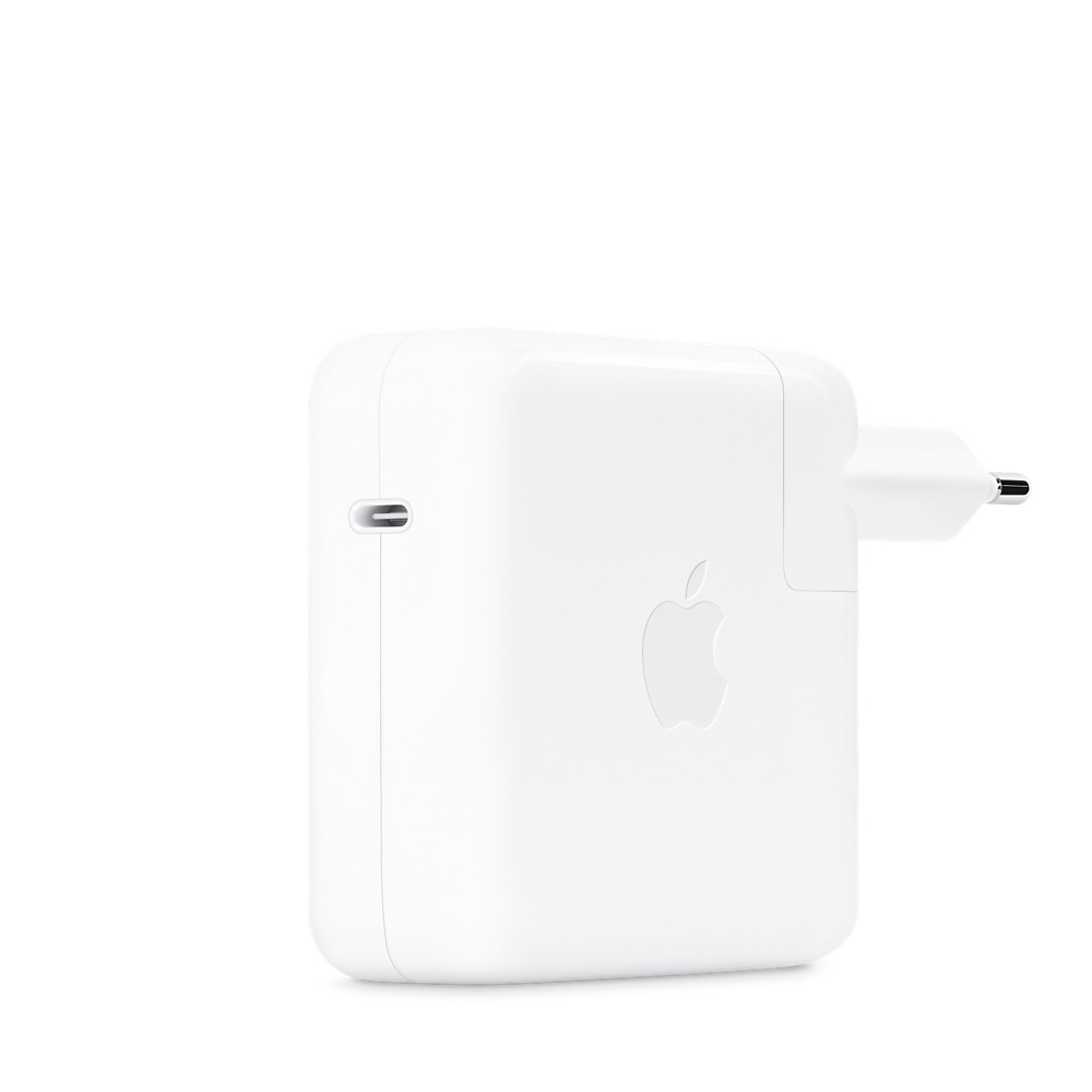 Adaptateur secteur Apple blanc avec prise UE et logo Apple. Forme carrée.