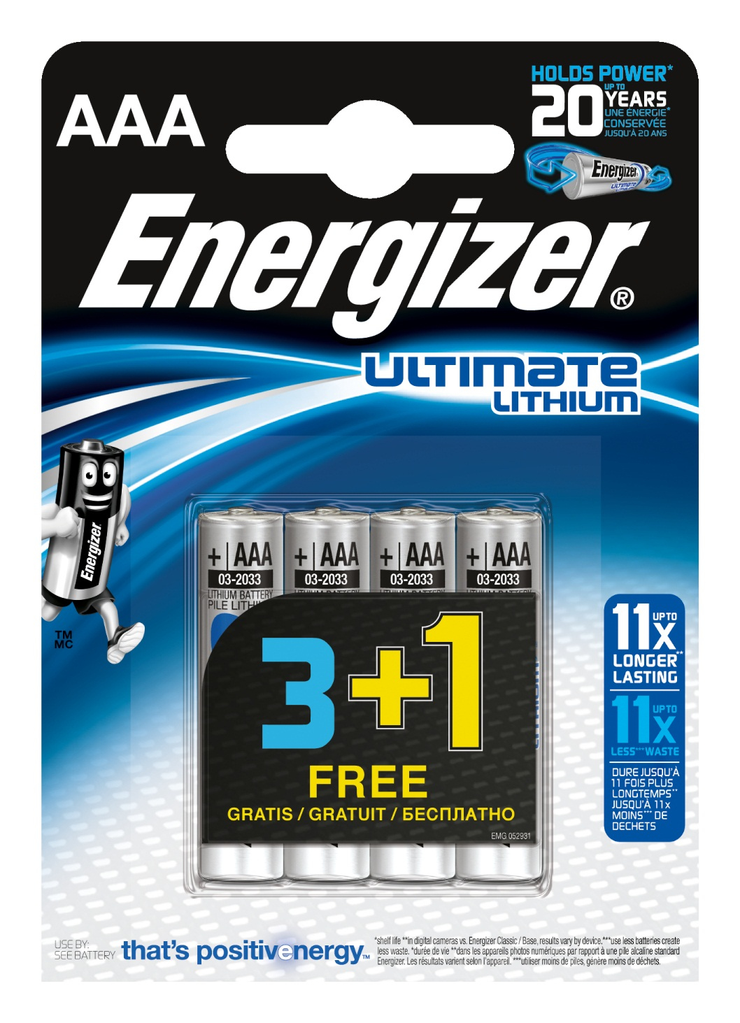 Confezione di batterie Energizer Ultimate Lithium AAA con 4 batterie, testo e branding.