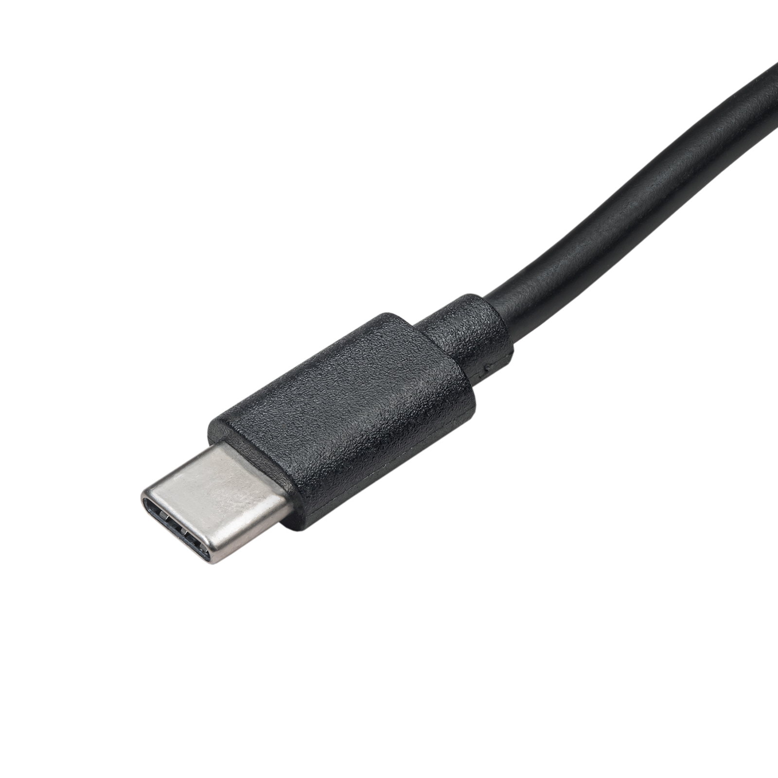Czarny konektor kabla USB-C na białym tle, widok z kąta.