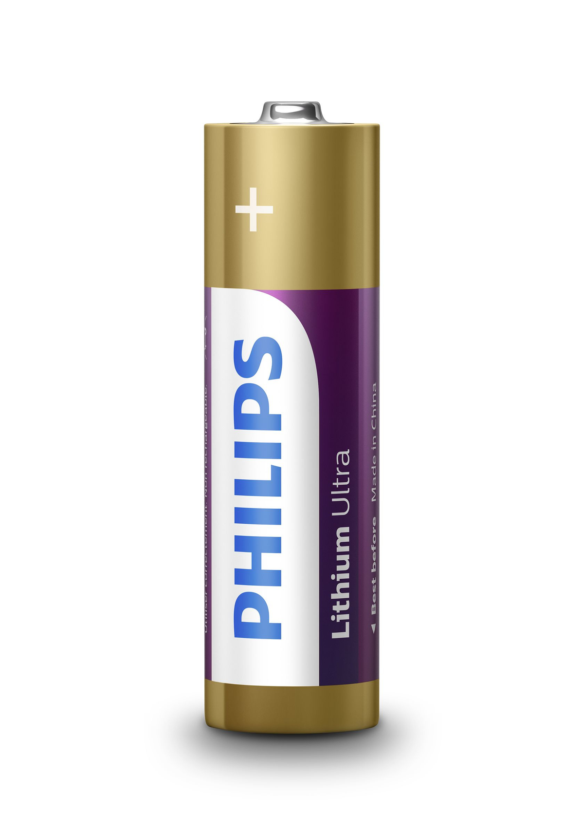 Una batteria Philips Lithium Ultra oro e viola su sfondo bianco. È in posizione verticale.