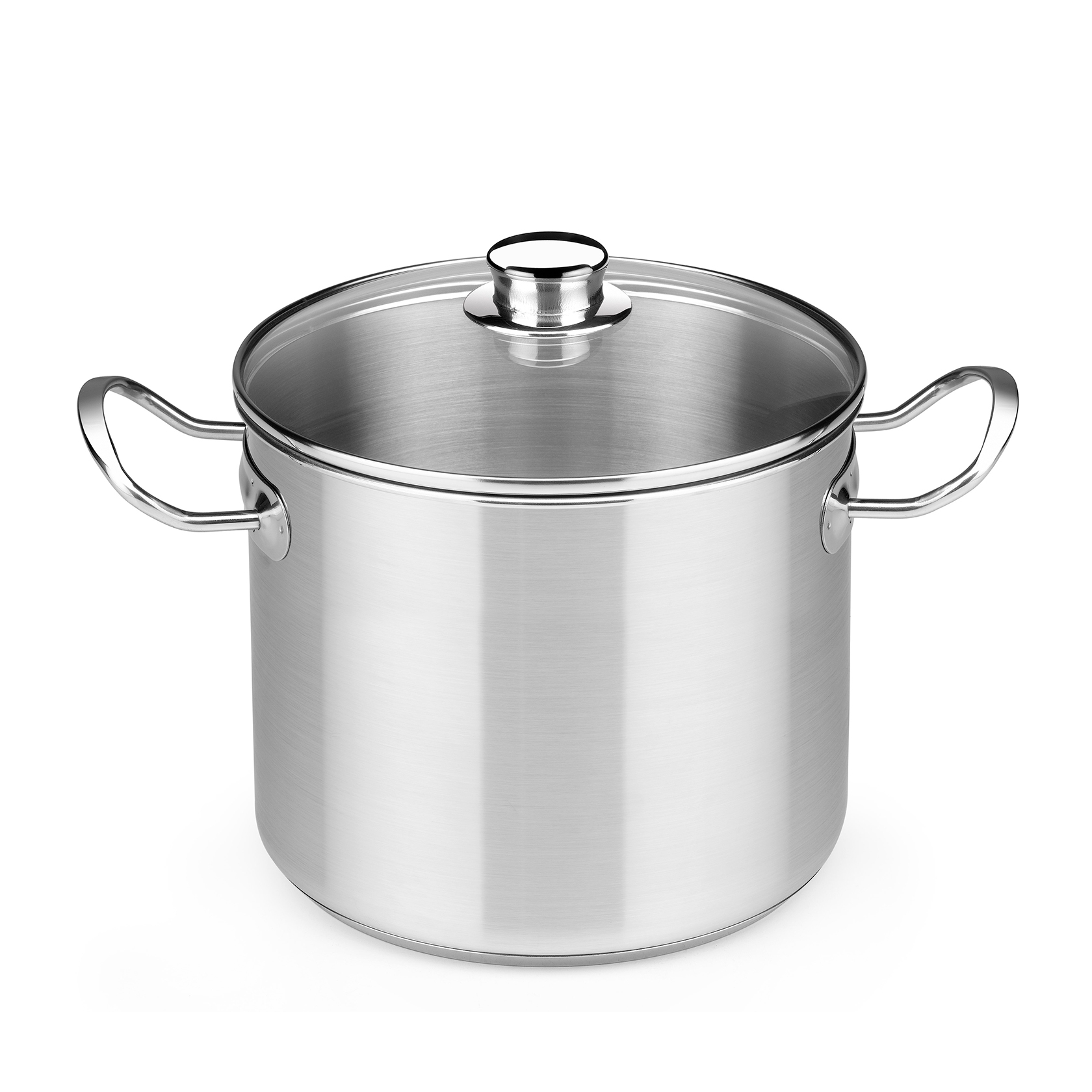 Garnek ze stali nierdzewnej ze szklaną pokrywką. Białe tło.