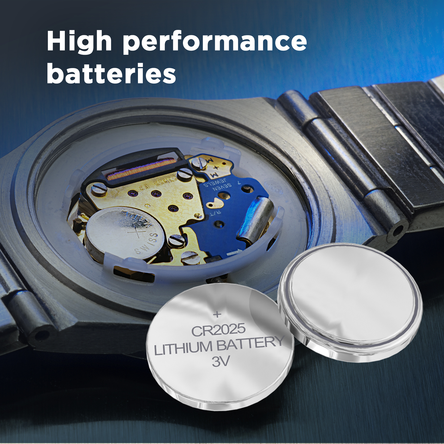 Orologio con retro aperto che mostra batteria e componenti. Due batterie CR2025.
