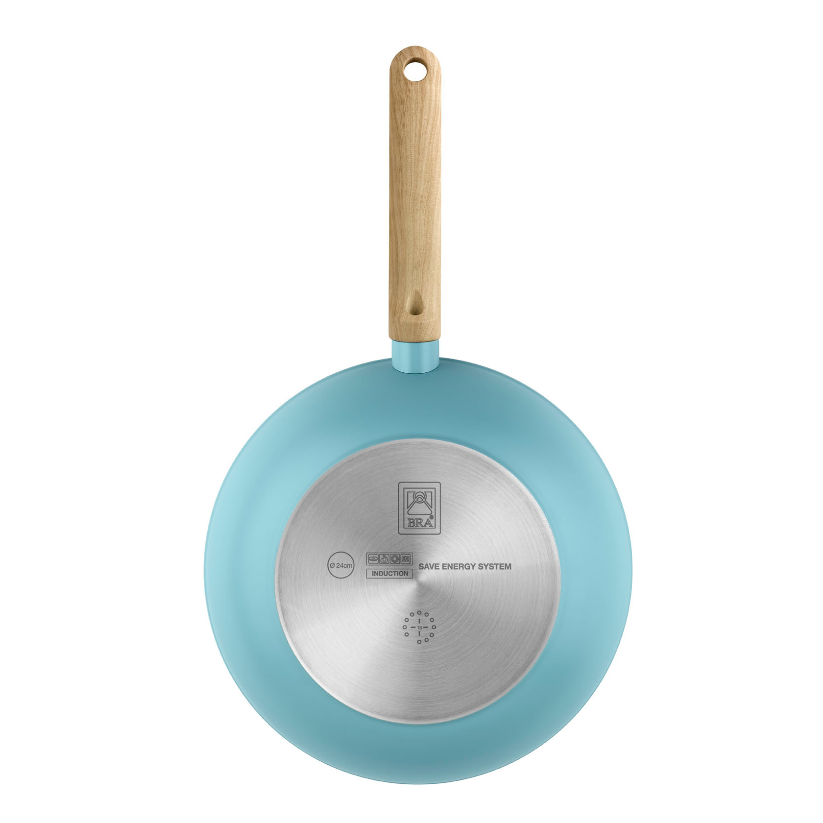 Niebieska patelnia z drewnianą rączką, widok od spodu, białe tło.
