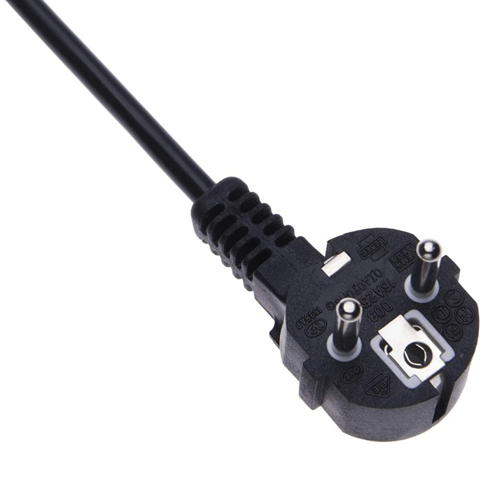 Czarna wtyczka z trzema bolcami i czarnym kablem na białym tle.