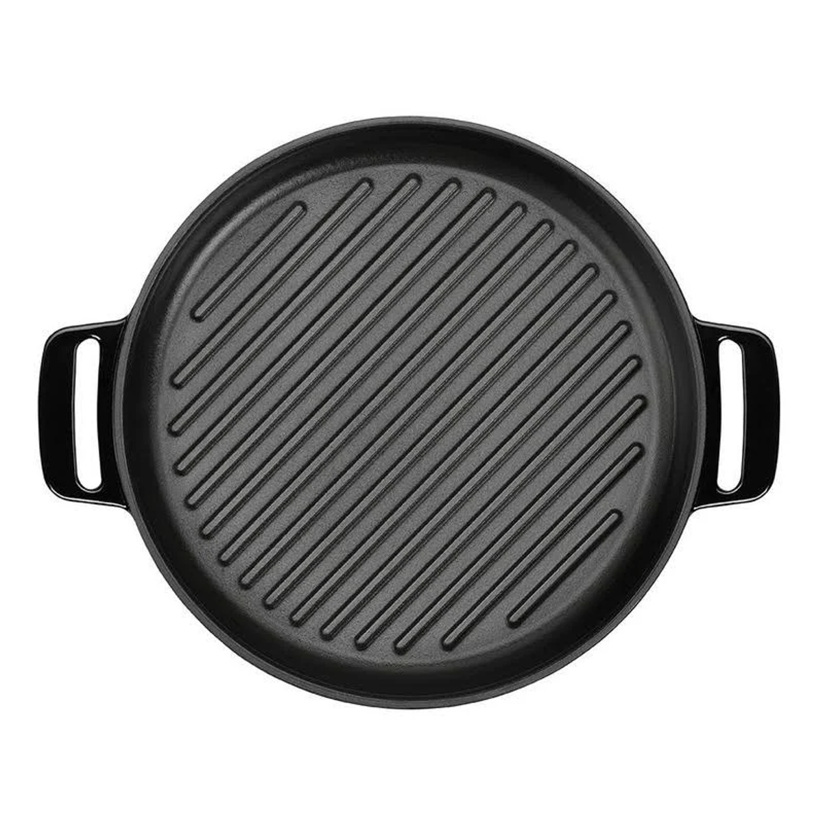 Schwarze, runde Grillpfanne mit Griffen. Diagonale Grilllinien auf dem Boden. Weißer Hintergrund.