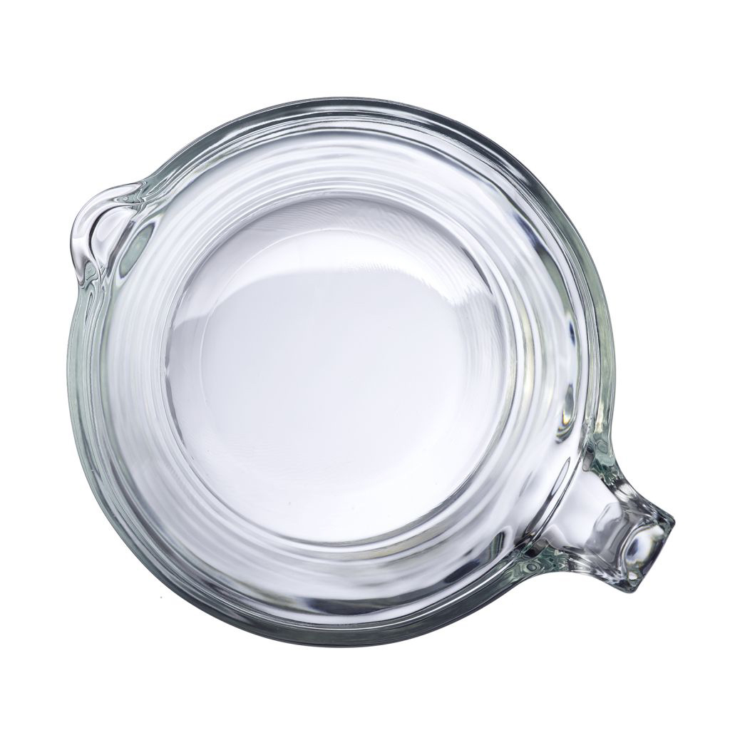 Ein klarer Glasdeckel mit einem Griff. Weißer Hintergrund.