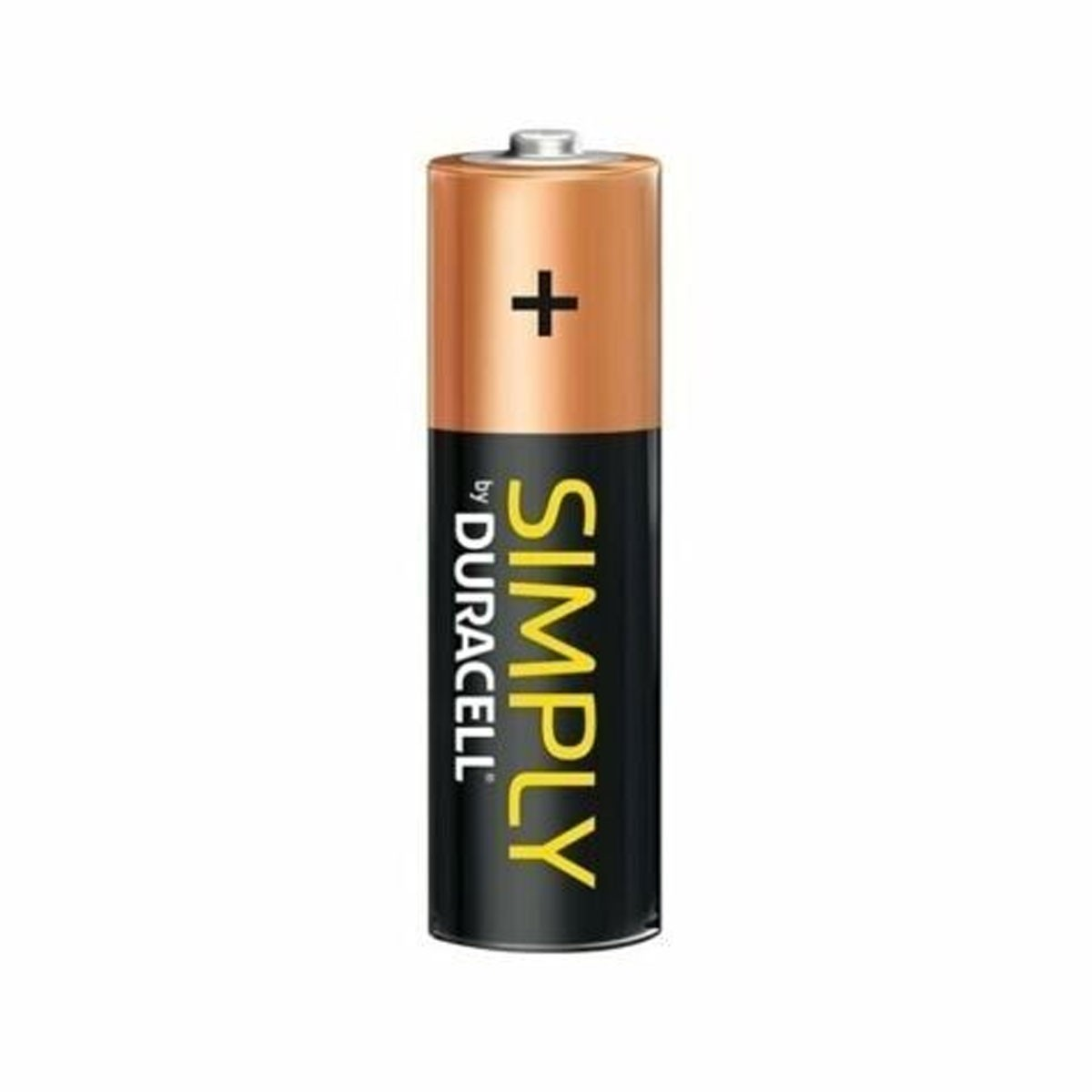Una sola pila Simply by Duracell, negra y amarilla con un extremo positivo.