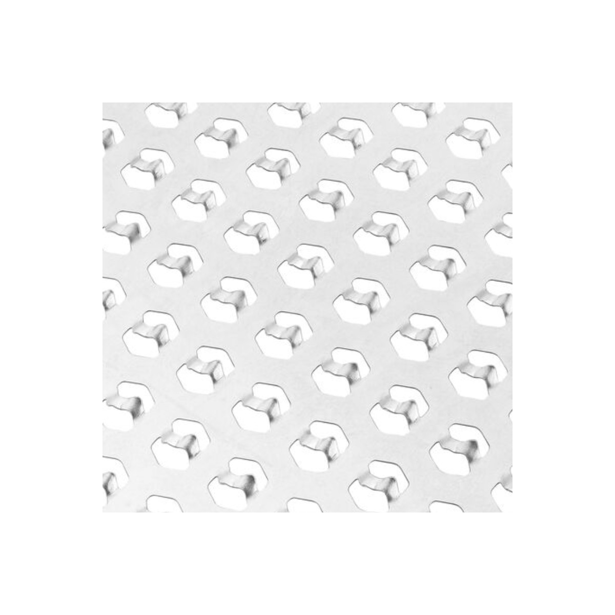 Close-up of a metal grater. Holes arranged in a grid pattern. Background: White.
