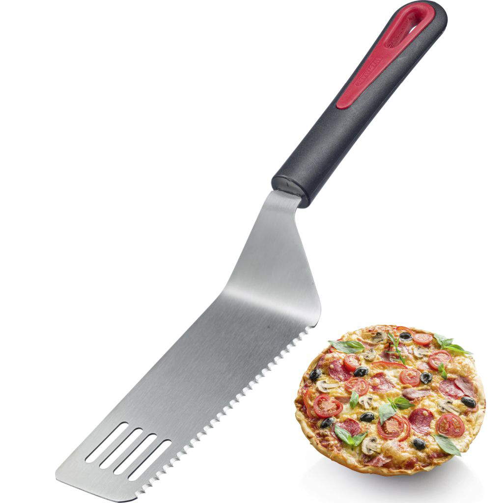 Pizzaschneider mit schwarzem und rotem Griff neben einer Pizza.