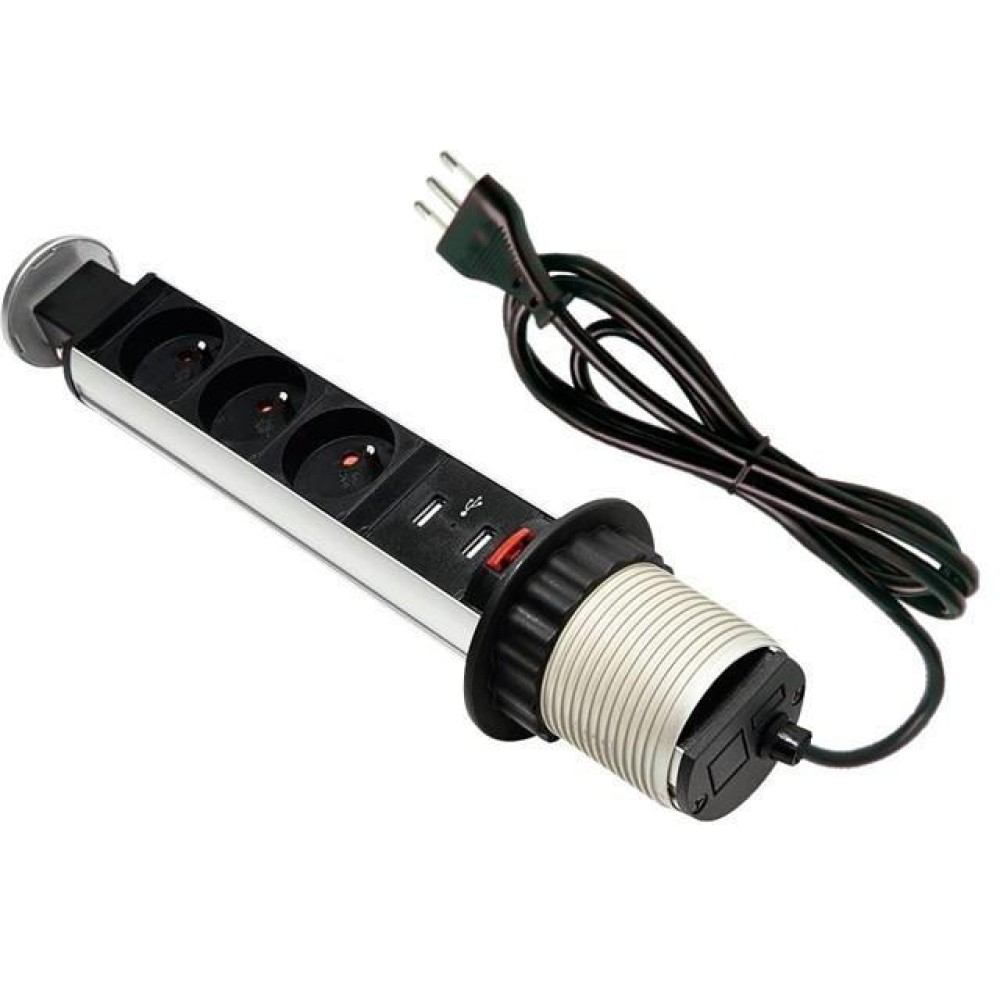 Multipresa con prese, porte USB e una spina. È nera e argentata.