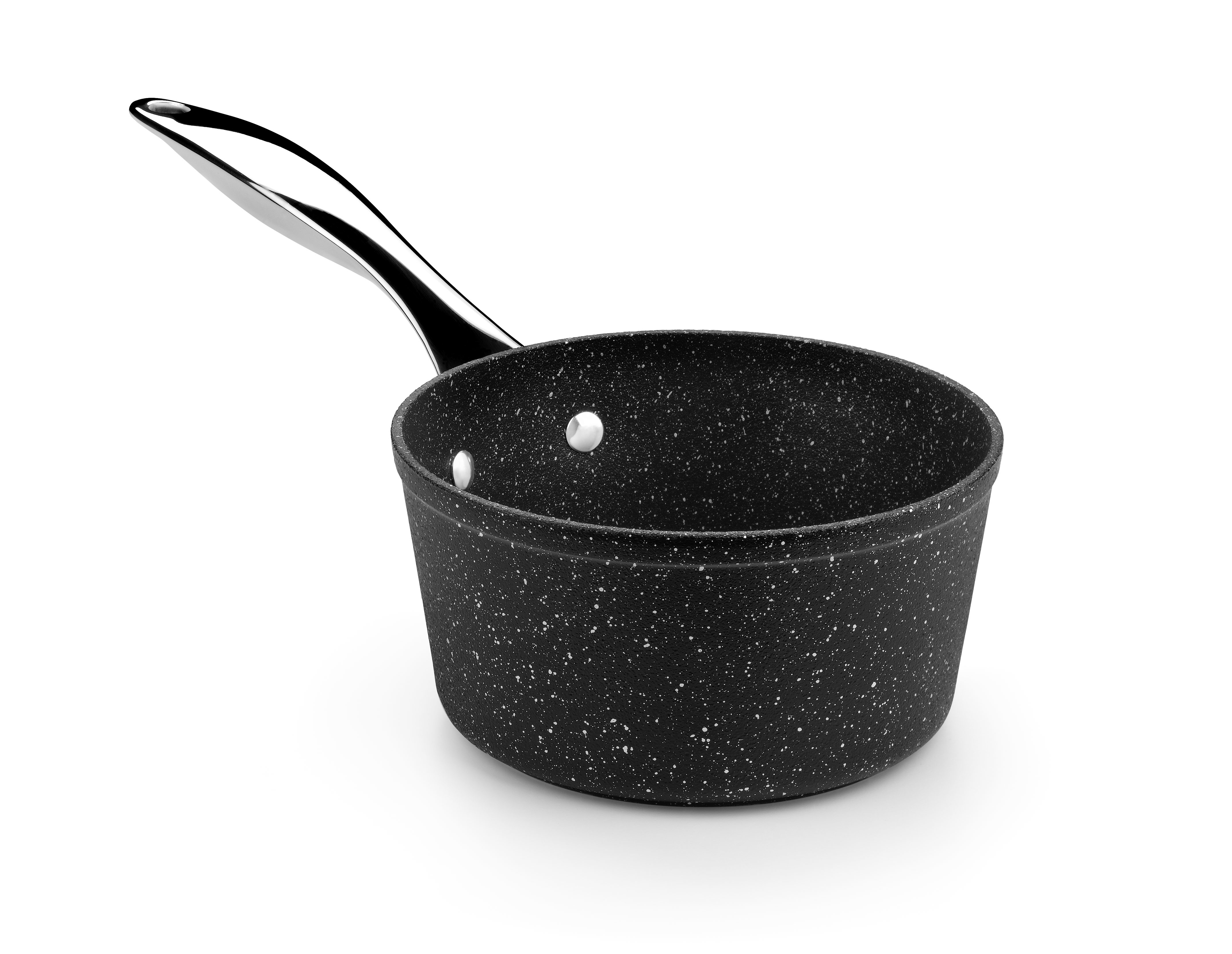 Czarny, nakrapiany rondel ze srebrnym uchwytem.