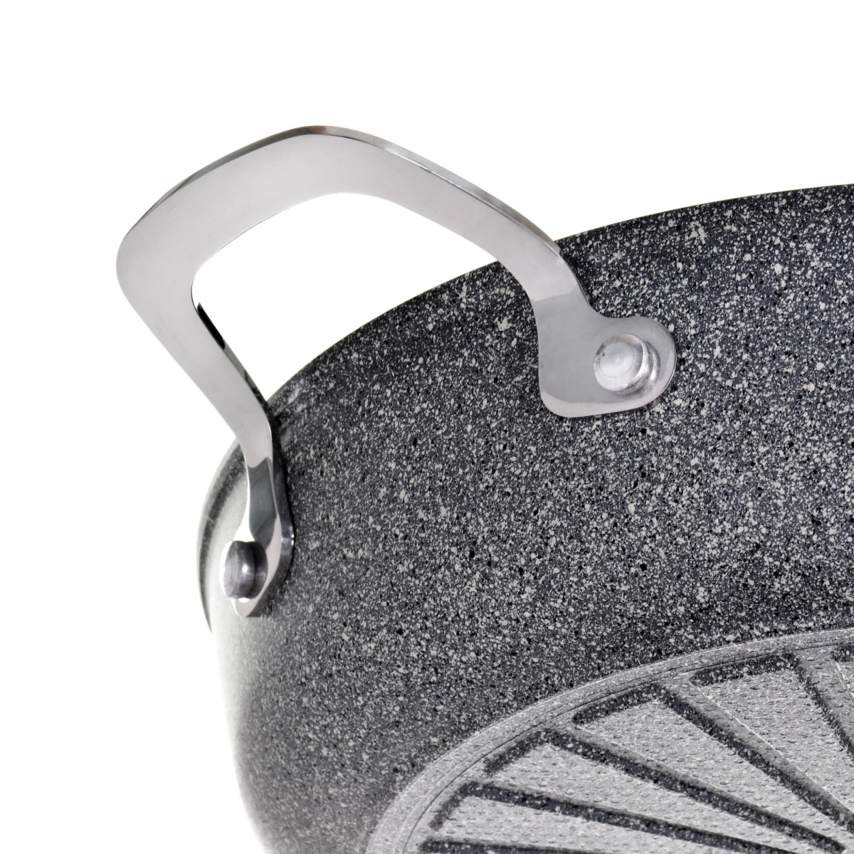 Zbliżenie szarego uchwytu garnka z wzorem granitu na białym tle.