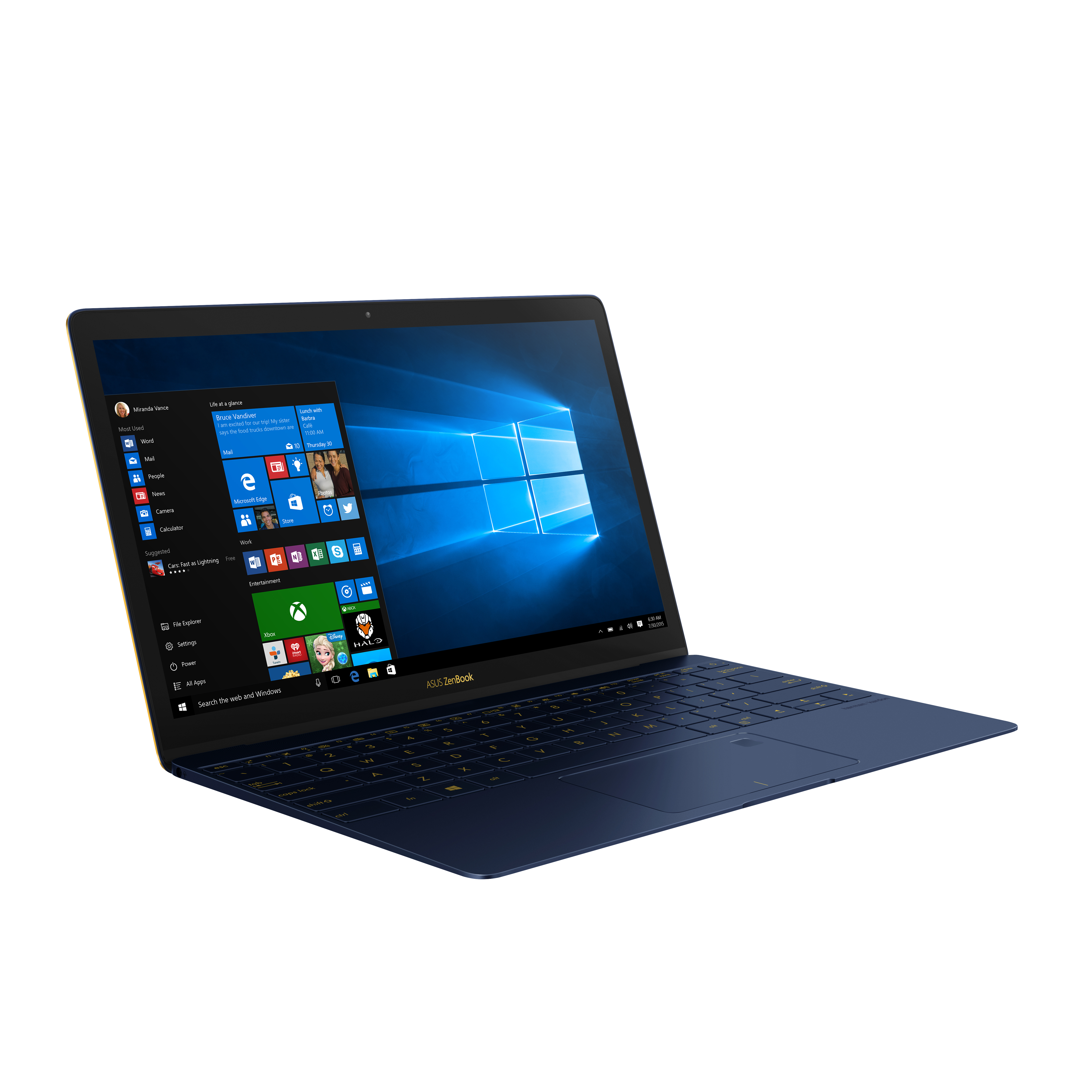 Portátil azul, abierto. Pantalla muestra la interfaz de Windows. Acentos amarillos. Fondo blanco.