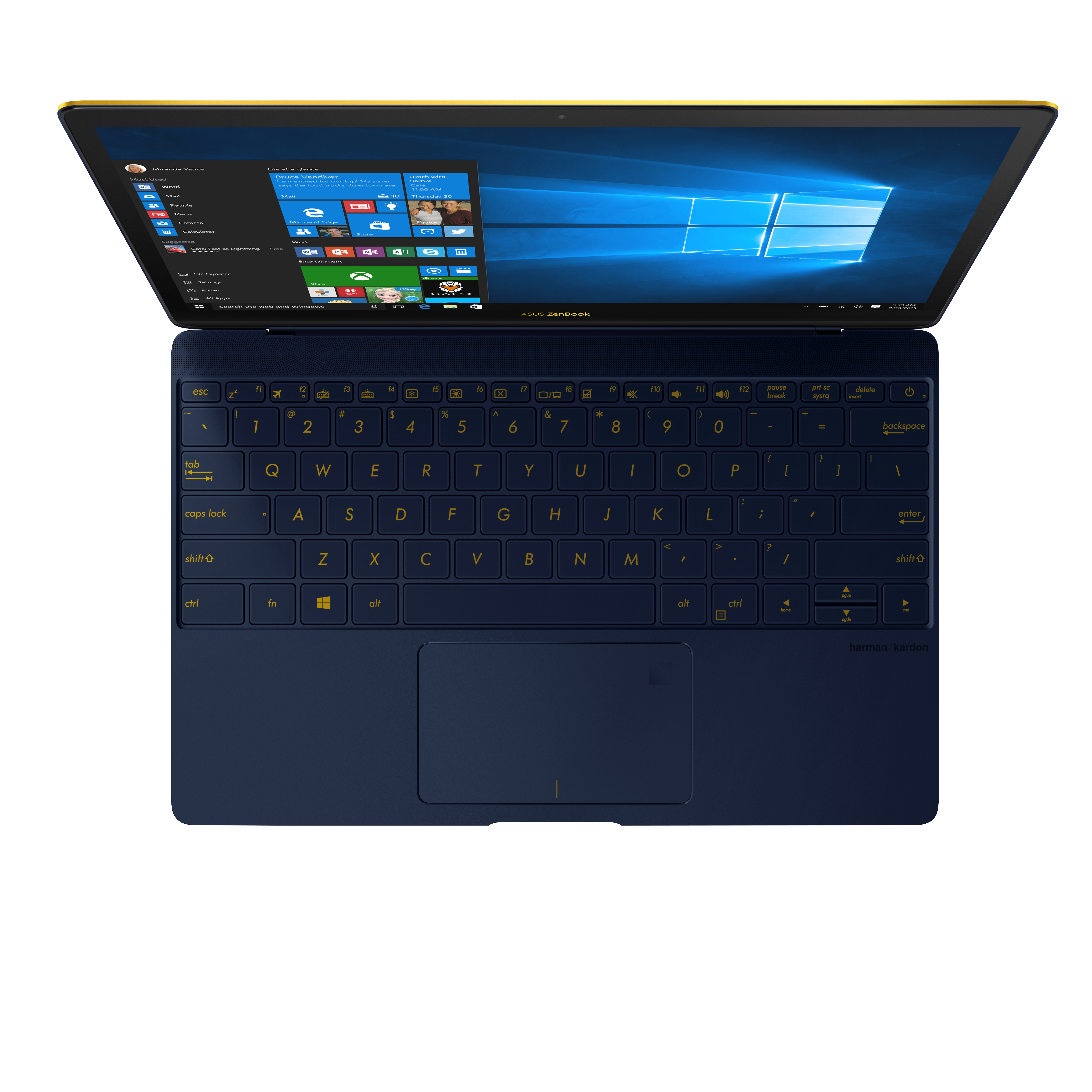 Portátil azul, abierto, vista superior. Pantalla de Windows. Teclado oscuro. Acentos amarillos. Fondo blanco.