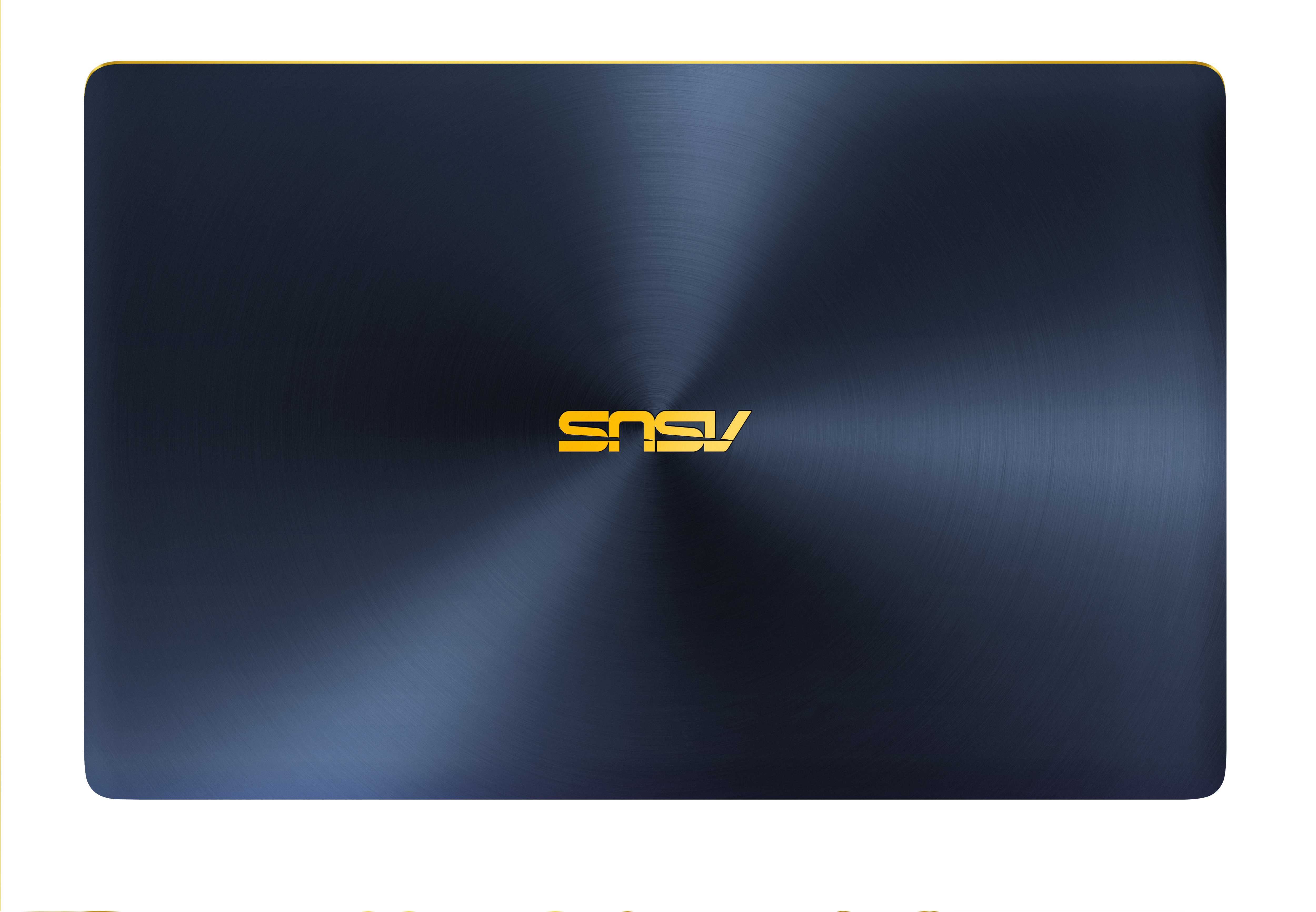 Vista superior de un portátil ASUS azul oscuro. Logotipo dorado de ASUS centrado. Fondo blanco.