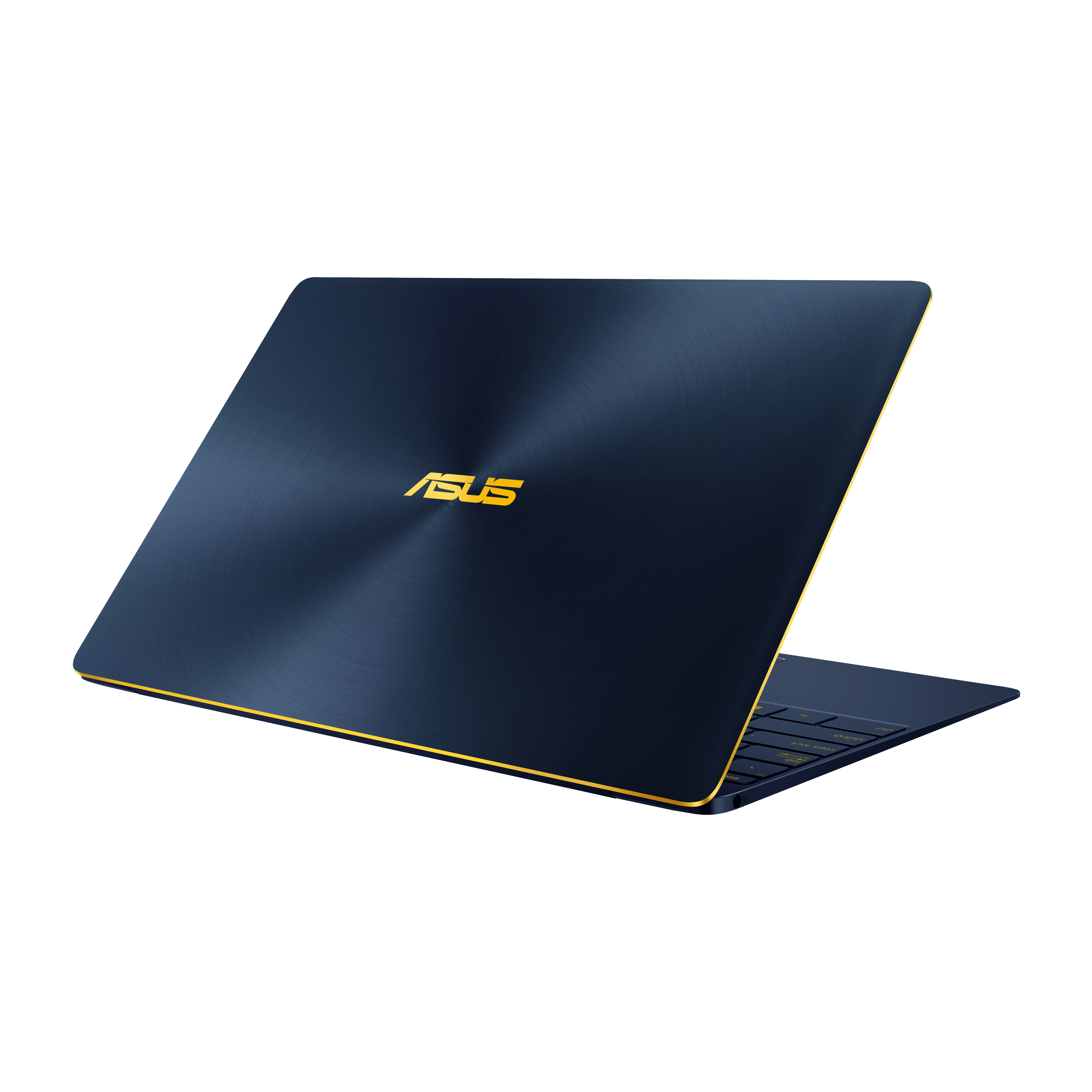 Portátil azul oscuro, vista trasera. Logotipo dorado de ASUS. Borde amarillo. Fondo blanco.