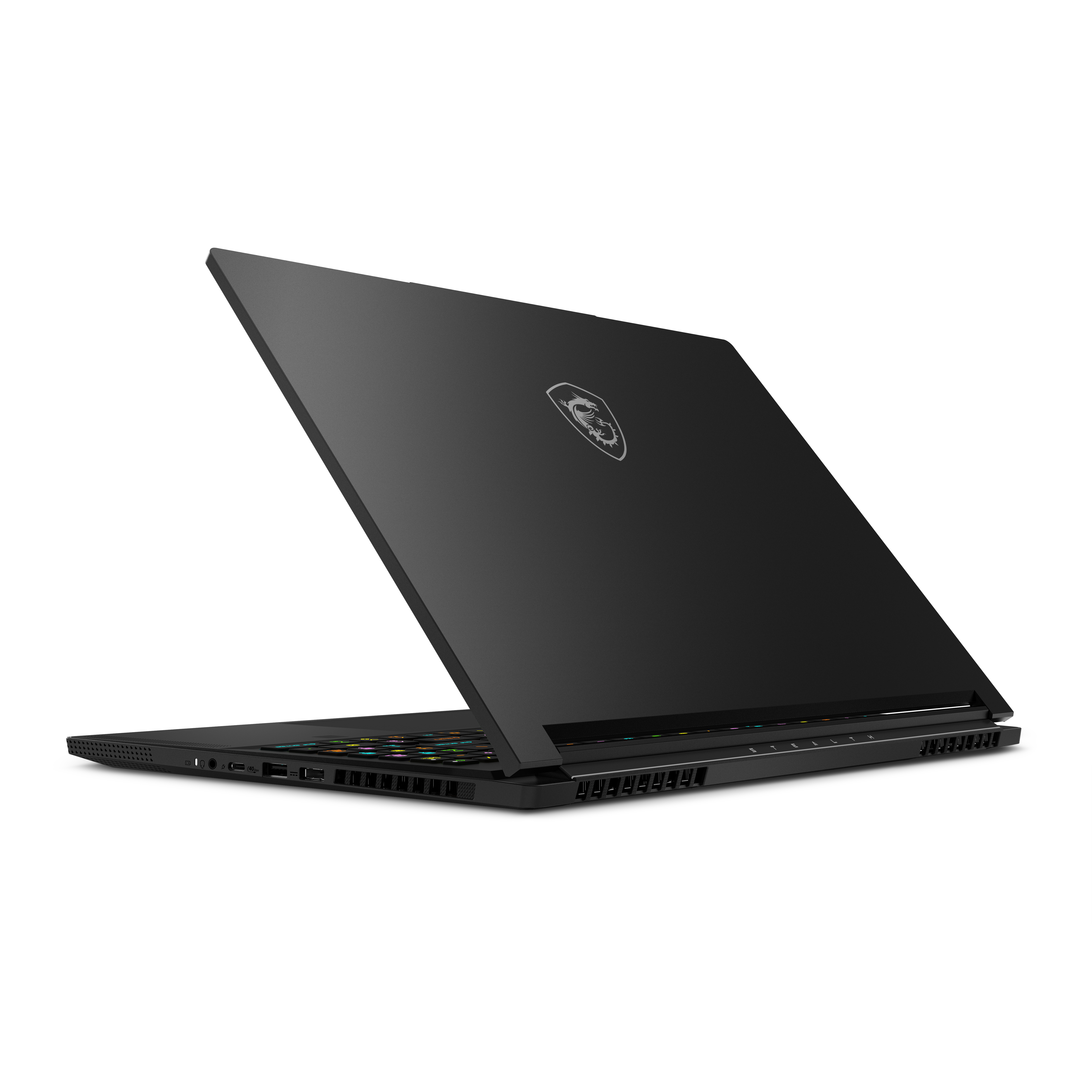 Black MSI laptop. Back of the laptop, with ports and vents visible.