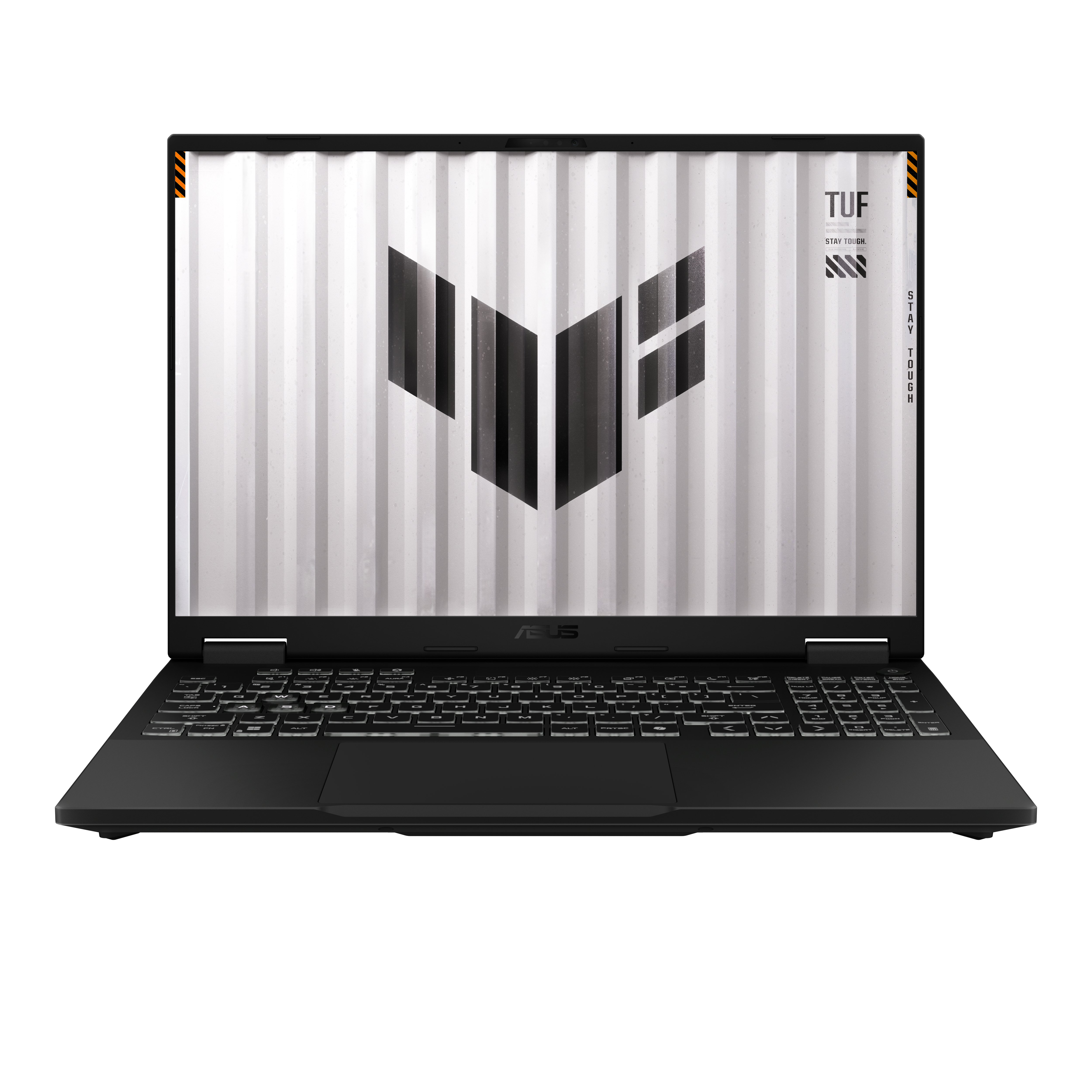 Czarny laptop, otwarty, wyświetlający czarno-biały wzór na ekranie. Logo ASUS TUF.