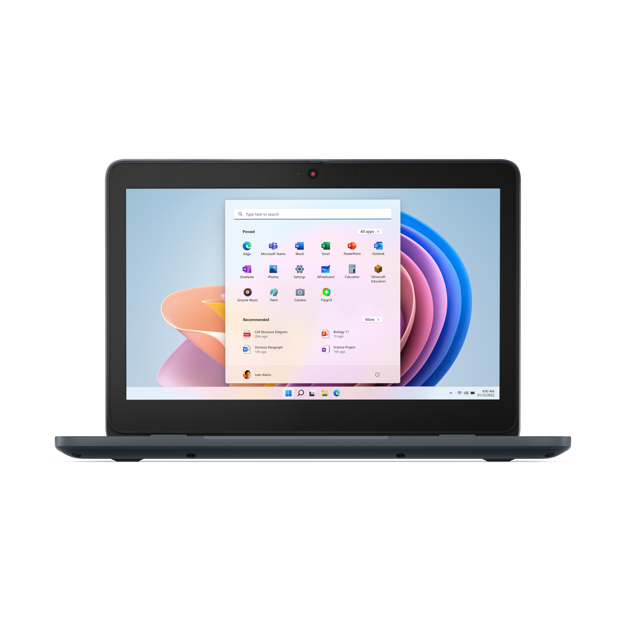 Portátil Lenovo azul abierto, mostrando escritorio Windows con iconos.