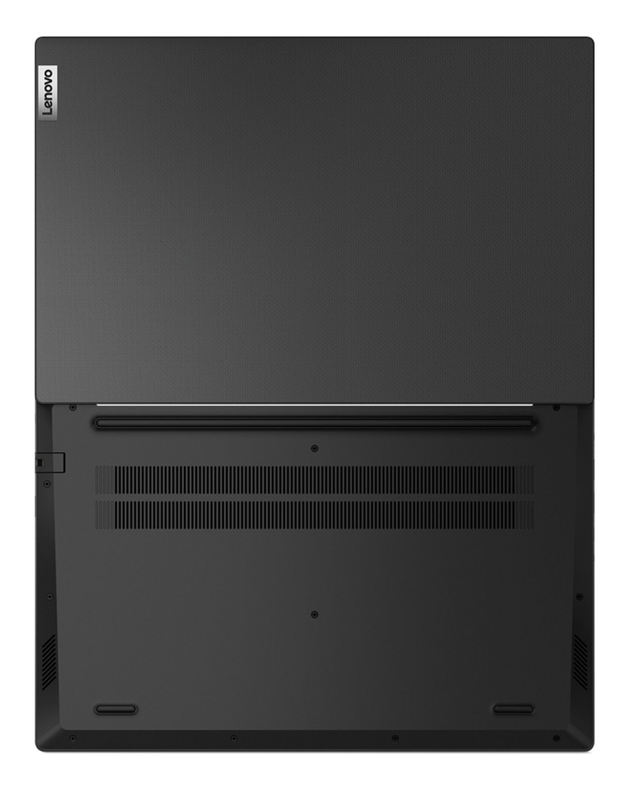 Czarny laptop Lenovo, widok od spodu. Widoczne otwory wentylacyjne i szczegóły. Białe tło.