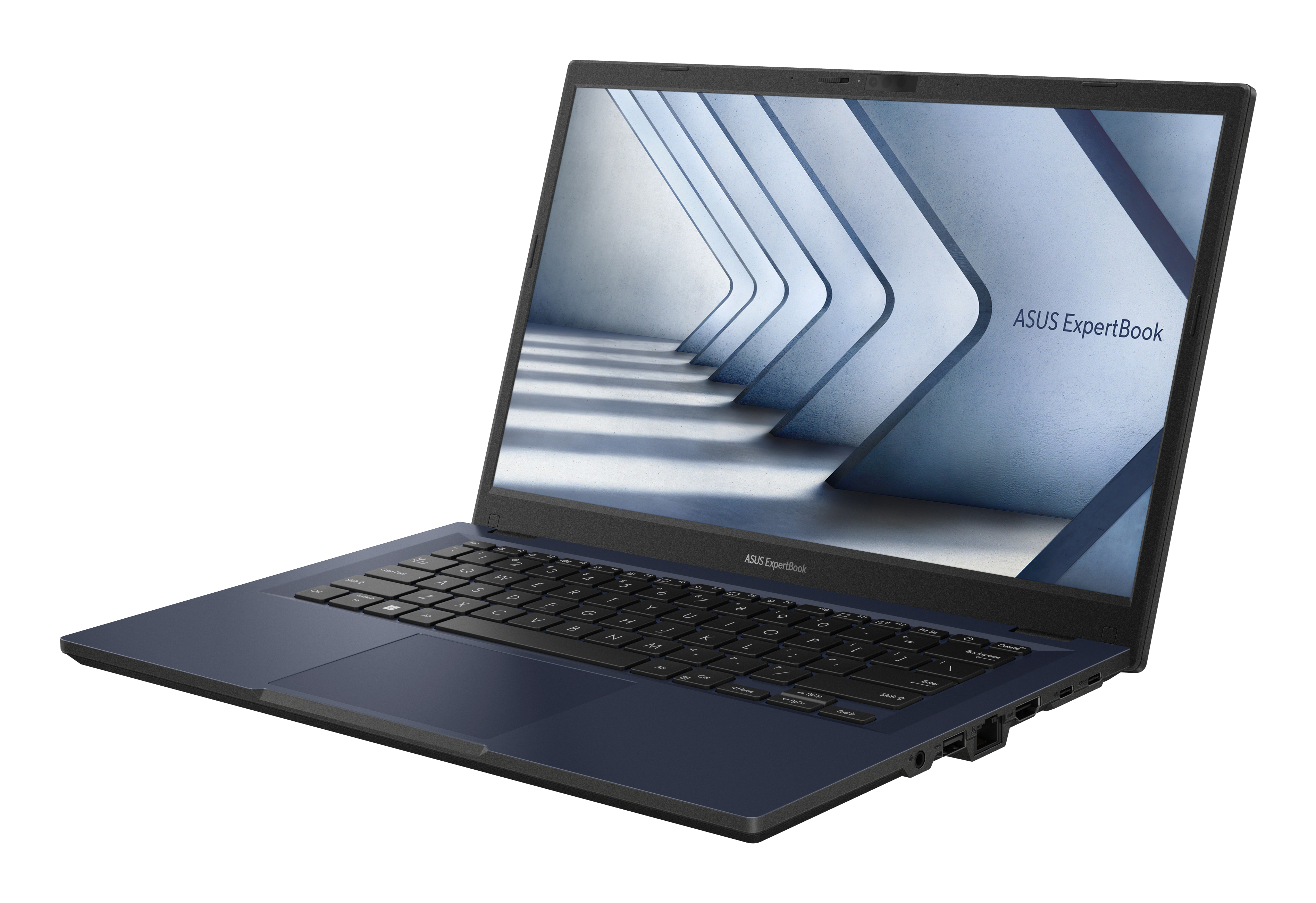 Portátil azul con pantalla blanca que muestra el logotipo 'ASUS Expertbook'. El portátil está abierto.