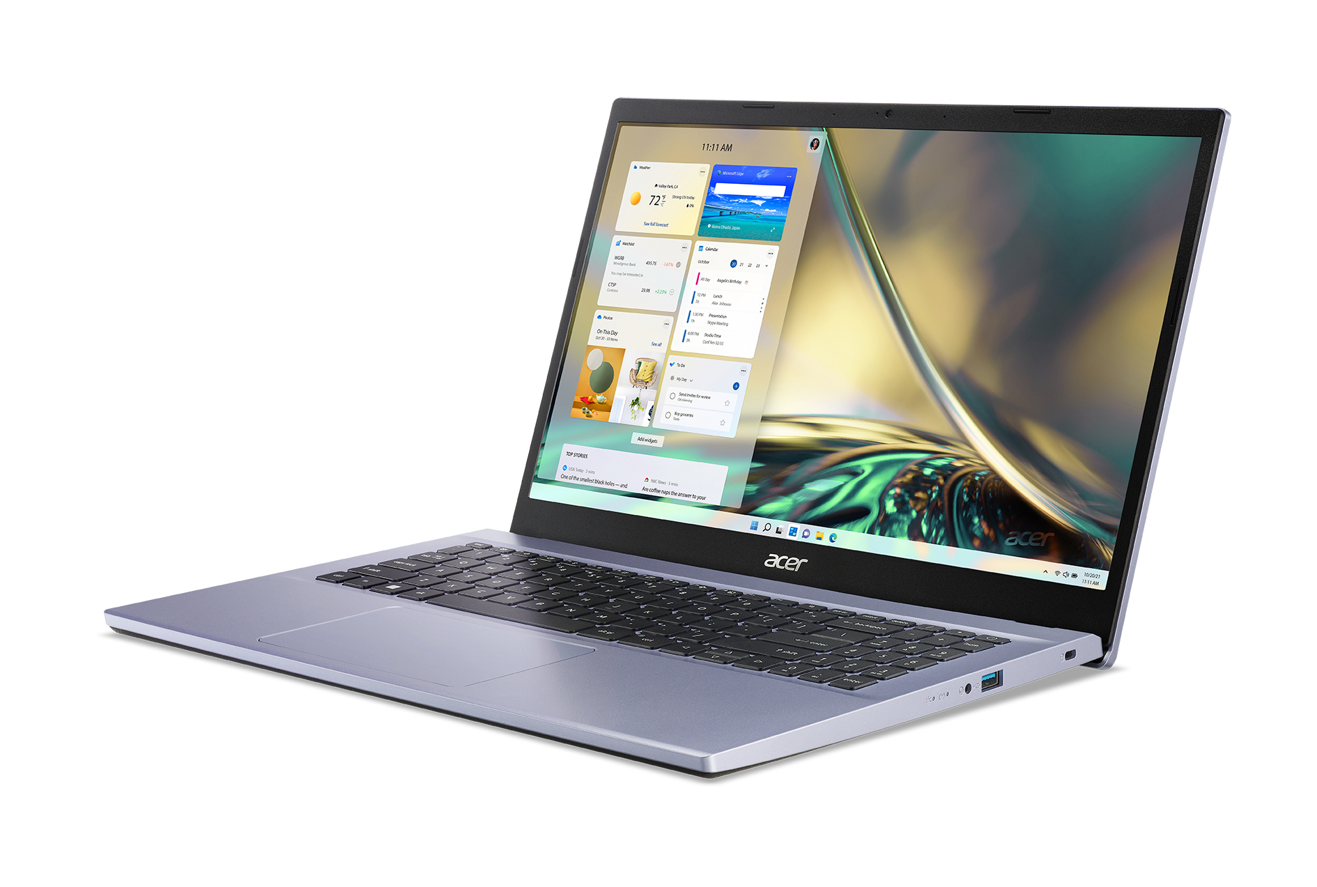 Laptop auf weißem Hintergrund, der einen Desktop mit Widgets anzeigt, leicht angewinkelt, lila Farbe.