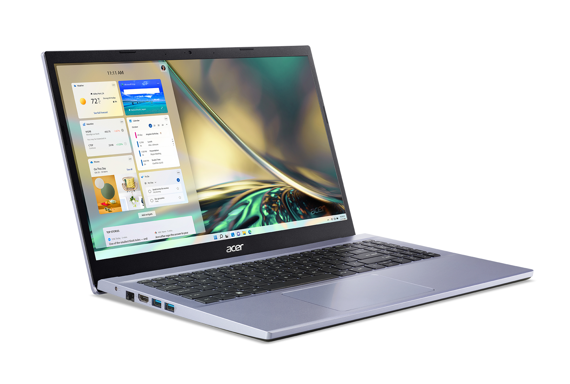 Abgewinkelte Ansicht eines lila Laptops, der einen Desktop mit Widgets auf weißem Hintergrund anzeigt.