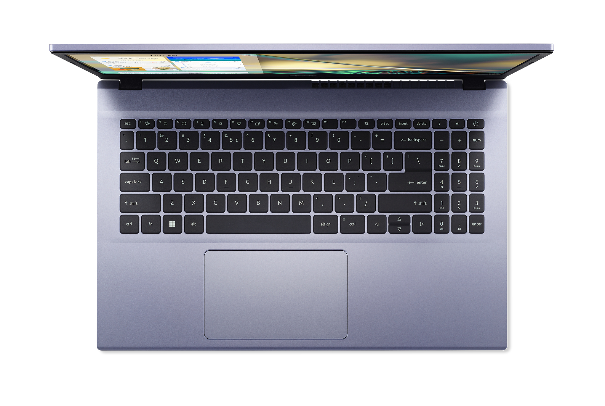Draufsicht auf einen lila Laptop mit voll sichtbarer Tastatur und Bildschirm mit Desktop.