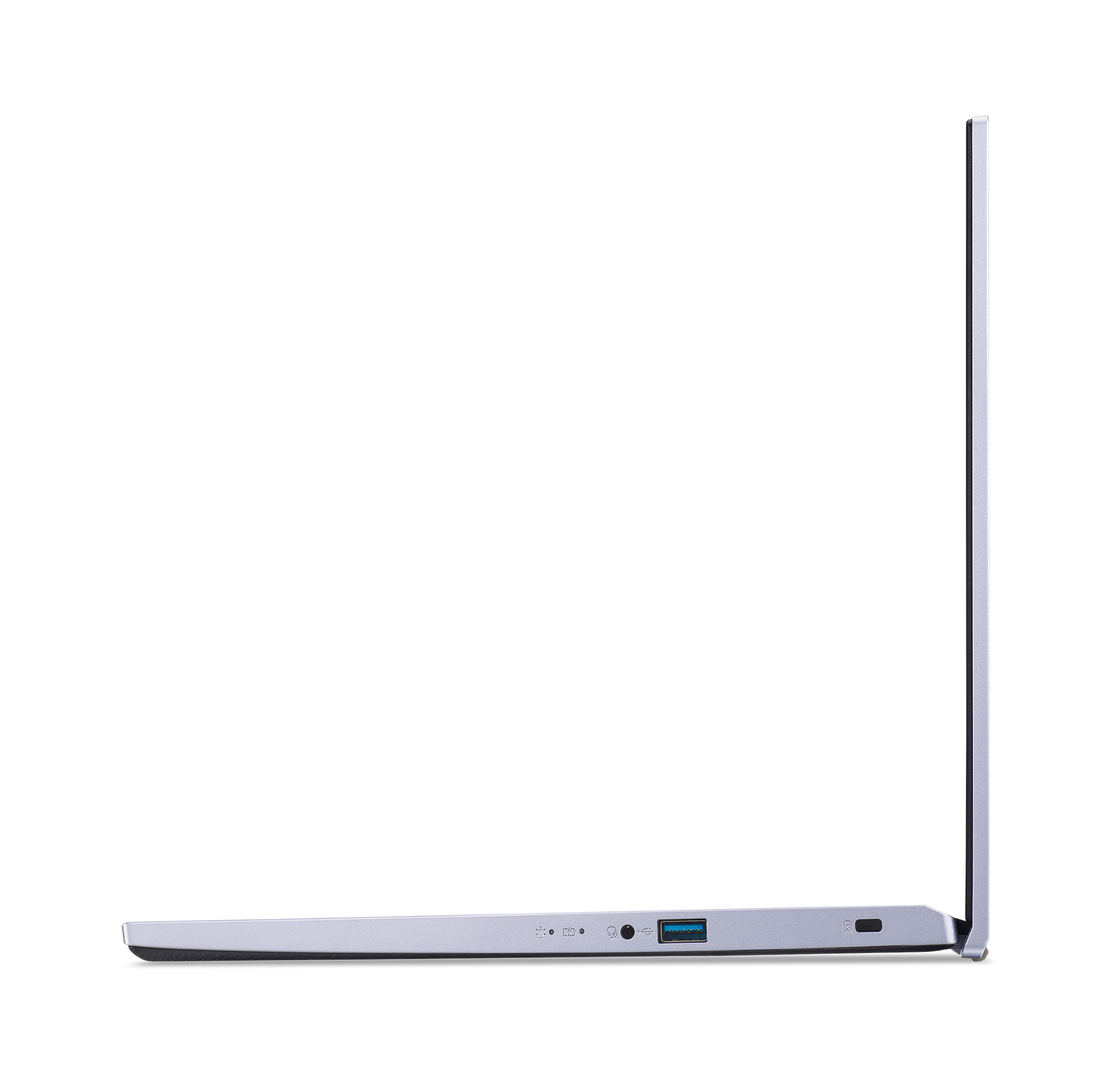Silberner Laptop von der Seite, geschlossen. USB-Anschluss sichtbar.